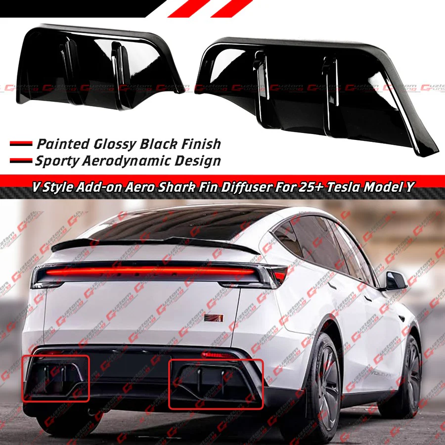 2 Piece For 2025-2026 Tesla Model Y Juniper Gloss Black Shark Fin Rear Bumper Diffuser Kit - Image 2