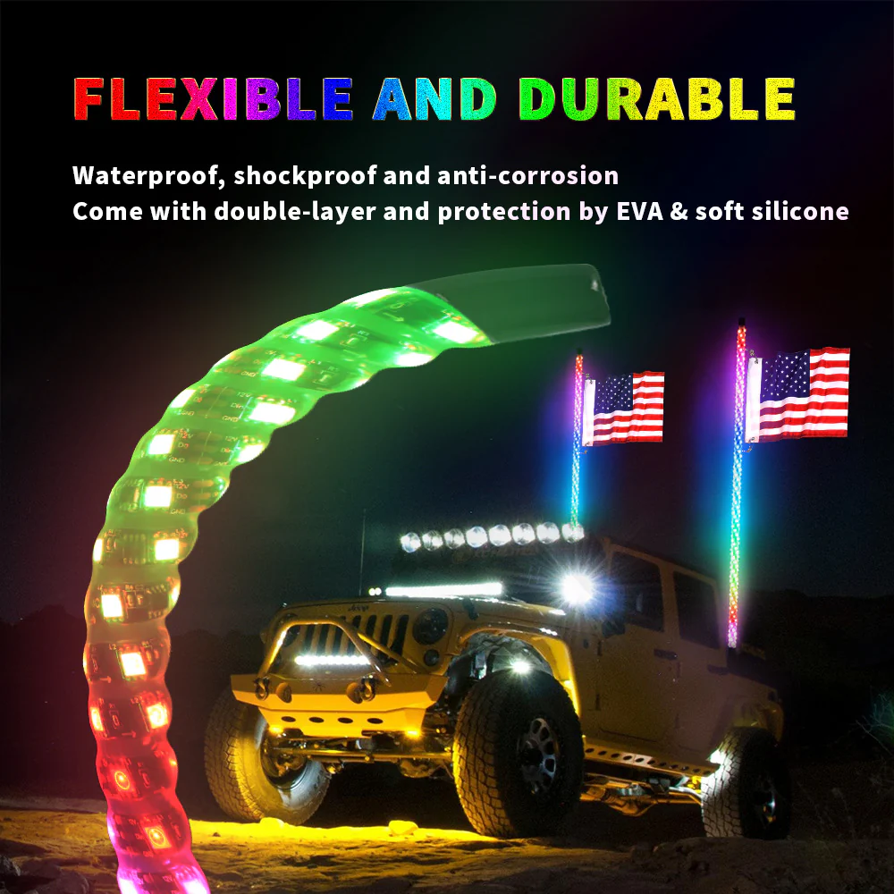 2PCS 3FT RGB Spiral LED Whip Lights Antenna Chase + Flag for ATV UTV - Image 4