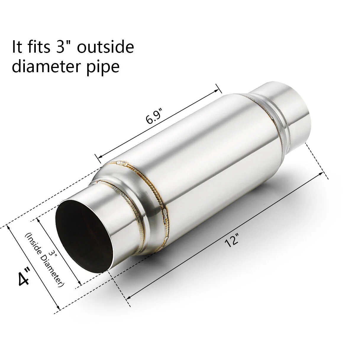 3" Exhaust Resonator, 12" Long Universal Muffler, Deep Tone, Reduce Engine Noise - Image 2