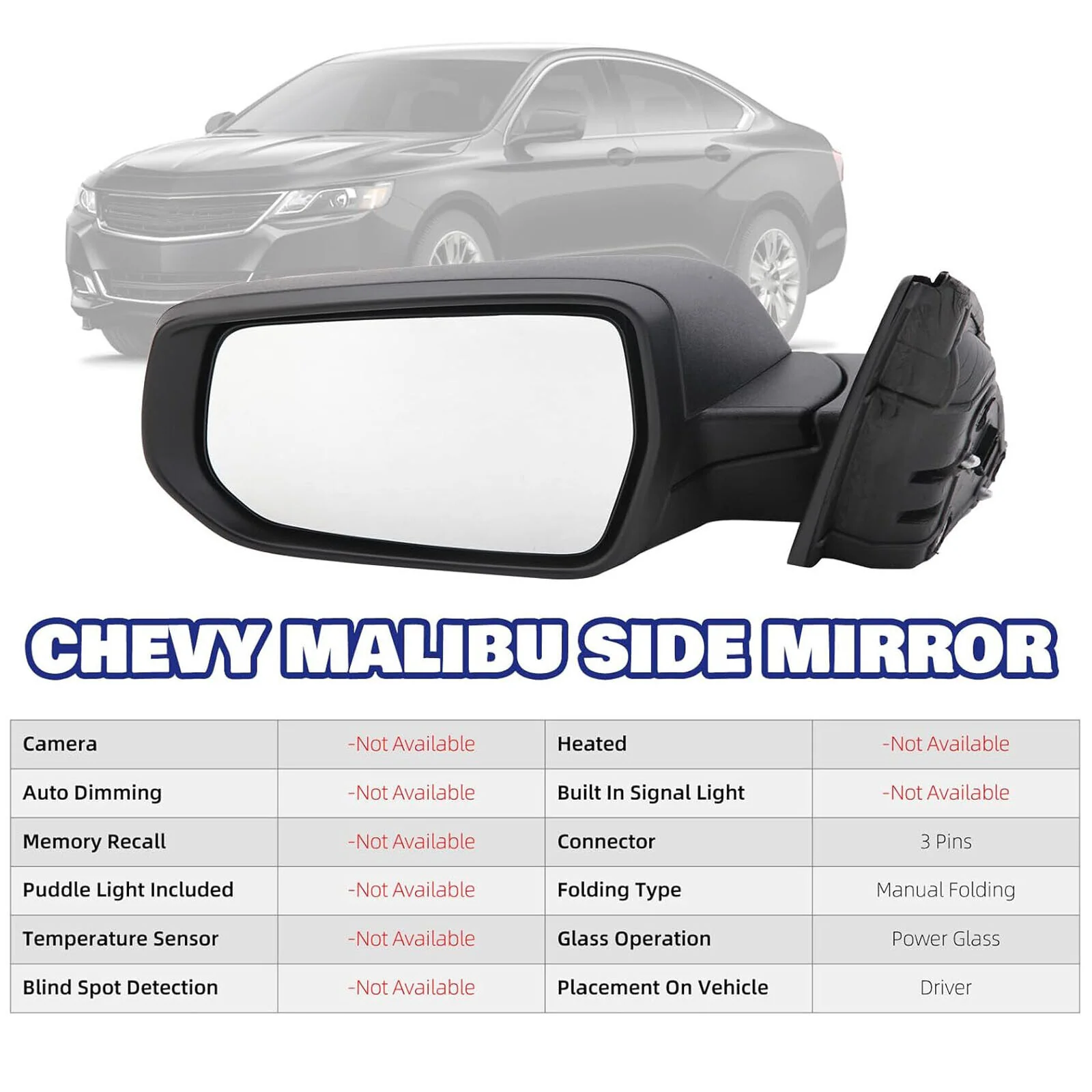 3Pin Textured Black Non-Heated Side Mirror Assembly For Chevrolet Malibu 2016-2020 2022 - Image 6