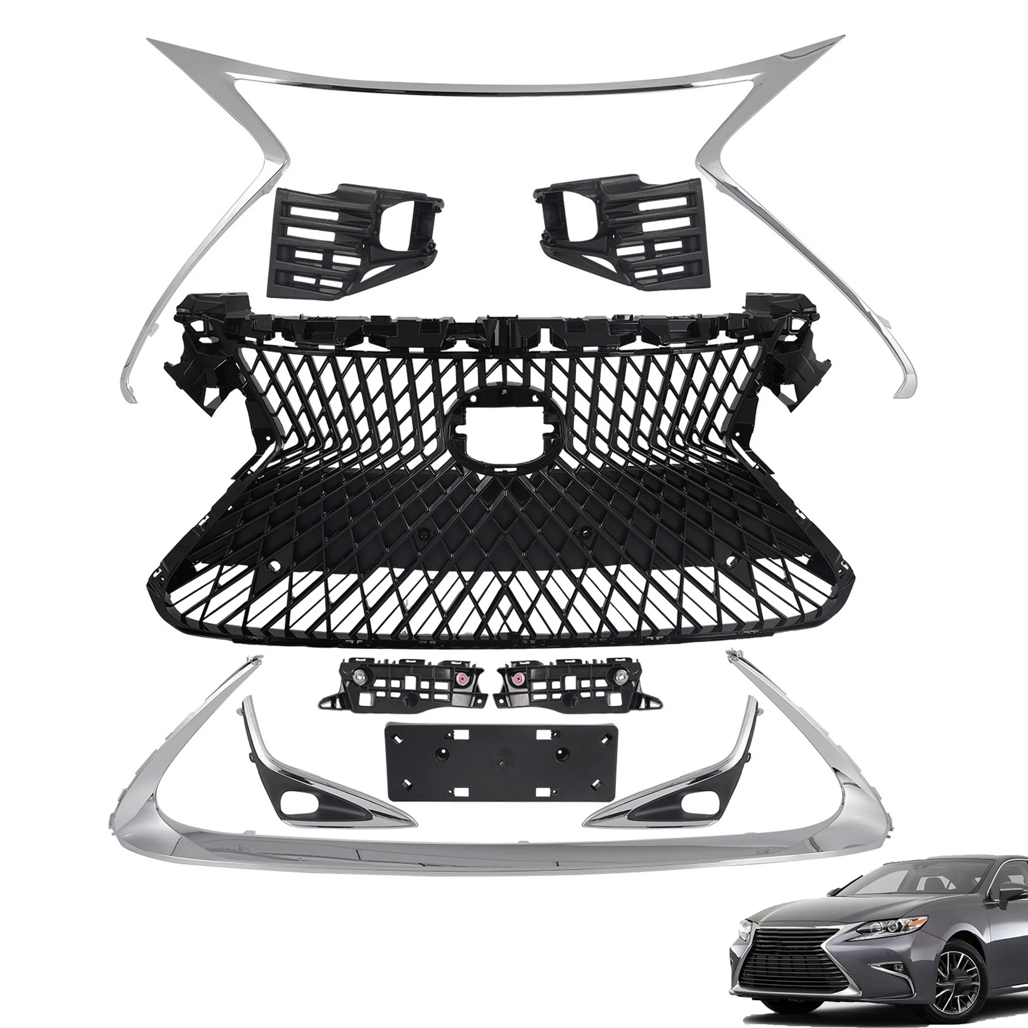 5PCS Front Upper Grille W/Trim Molding Fog Light Trims Set Fit Lexus ES300H ES350 2016-2018