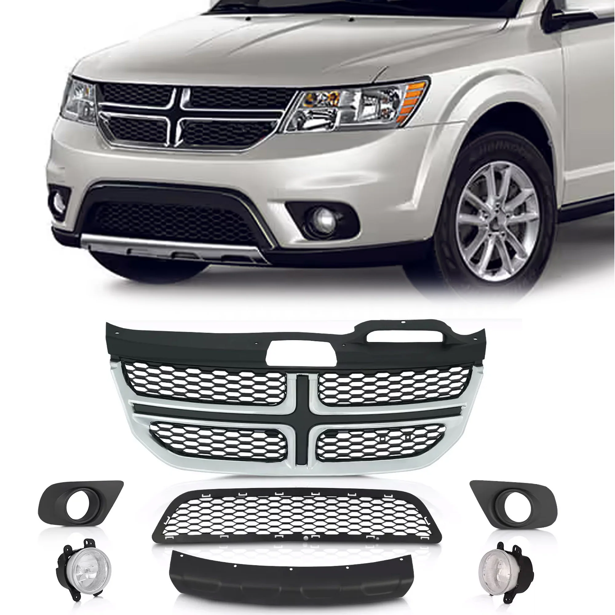 7PC Upper Lower Grille Fog Light Bezel Skid Plate For 2011-2019 Dodge Journey SE SXT