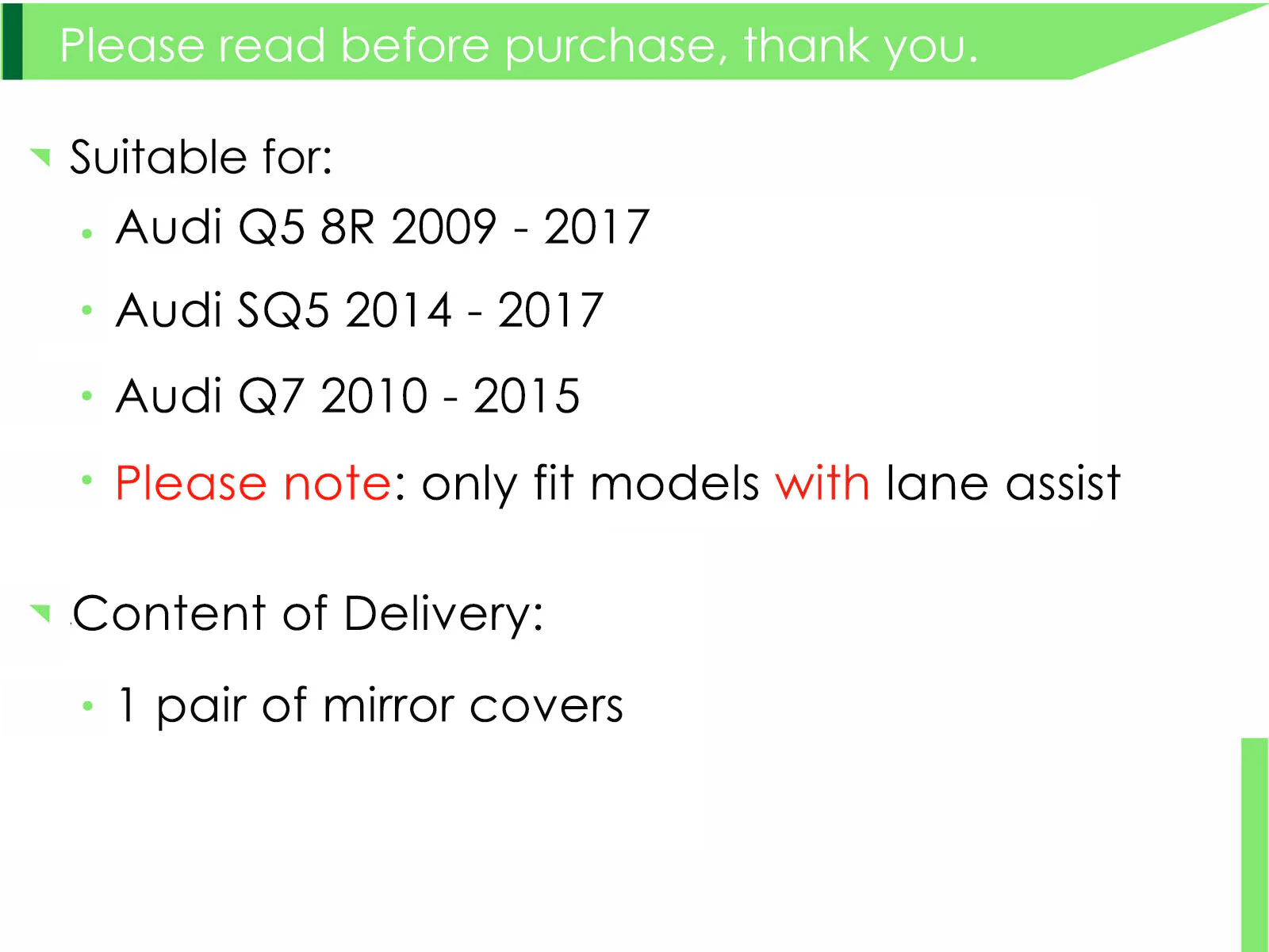 Matt Chrome Mirror Cover Caps For AUDI Q5 8R SQ5 09-17 Q7 10-15 With Lane Assist - Image 3