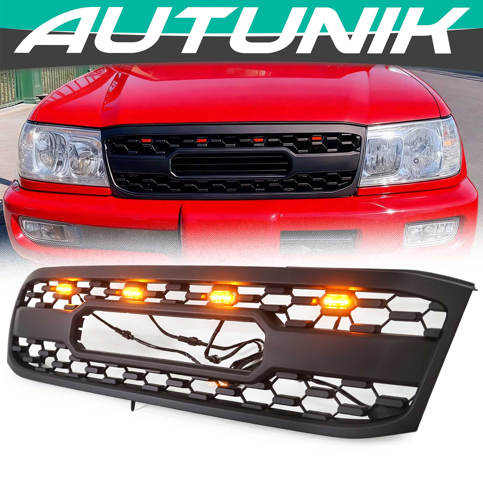 Black Front Bumper Upper Grille w/ LED Light Fit For 1998-2006 Toyota Land Crusier LC100 - Image 19