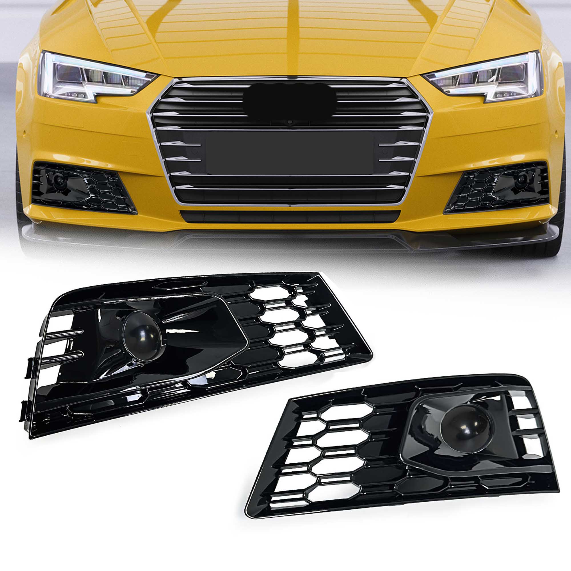 Gloss Black Front Fog Light Grille Cover w/ ACC Caps for Audi A4 B9 NON-Sline 2017-2019