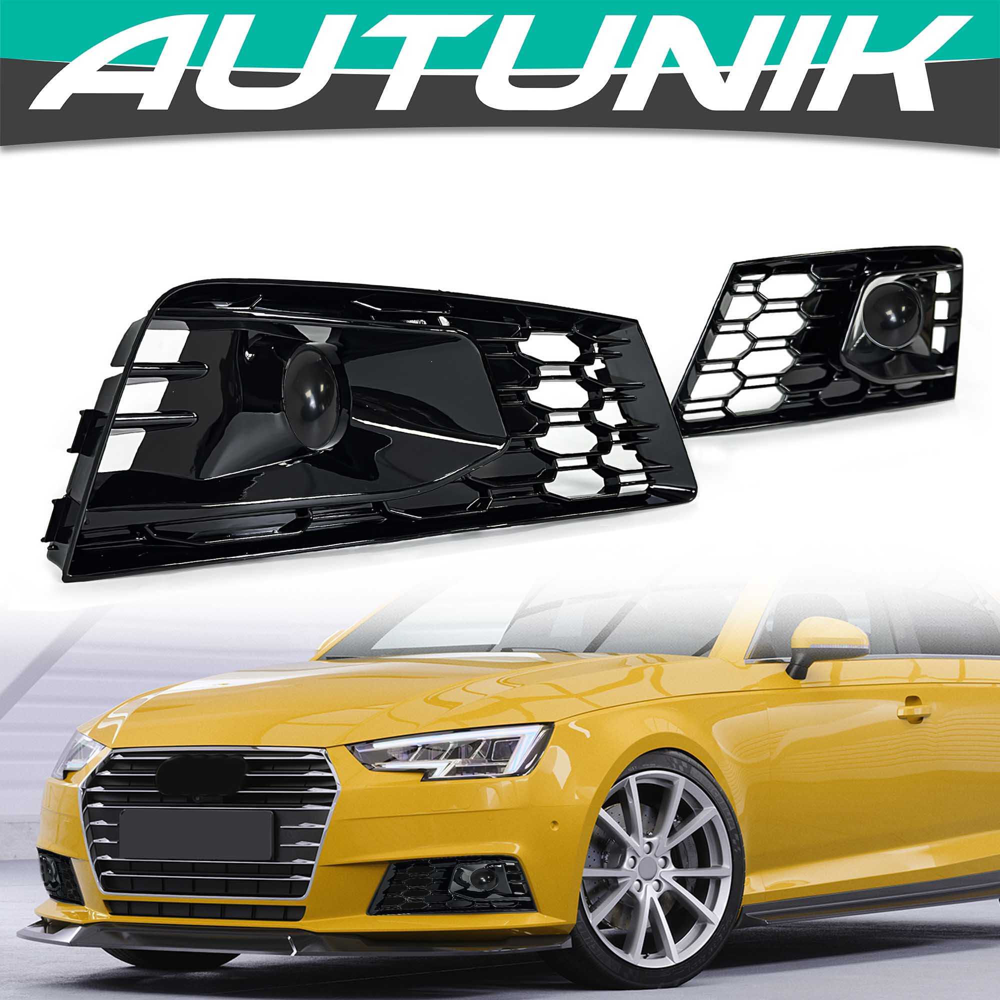 Gloss Black Front Fog Light Grille Cover w/ ACC Caps for Audi A4 B9 NON-Sline 2017-2019 - Image 2