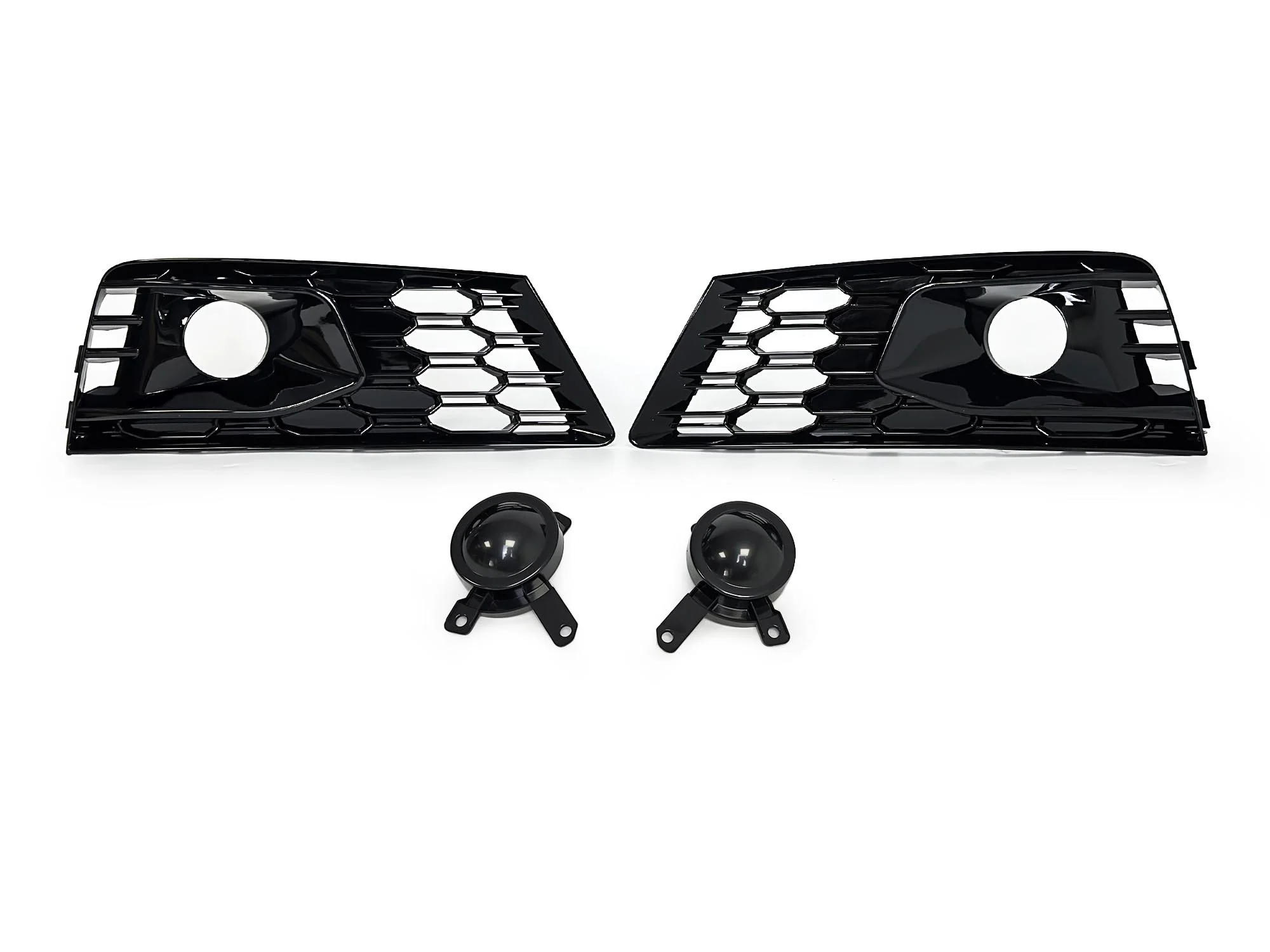 Gloss Black Front Fog Light Grille Cover w/ ACC Caps for Audi A4 B9 NON-Sline 2017-2019 - Image 5