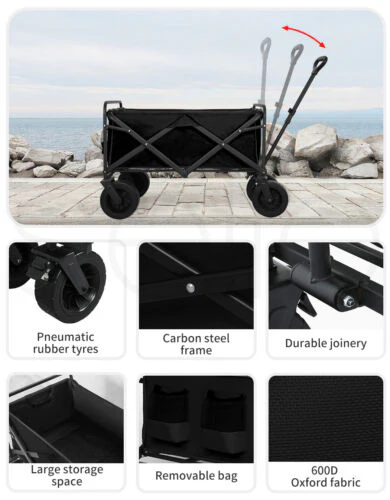 Black Garden Camping Trolley Outdoor Garden Wagon Cart Folding Widen Large - Image 9