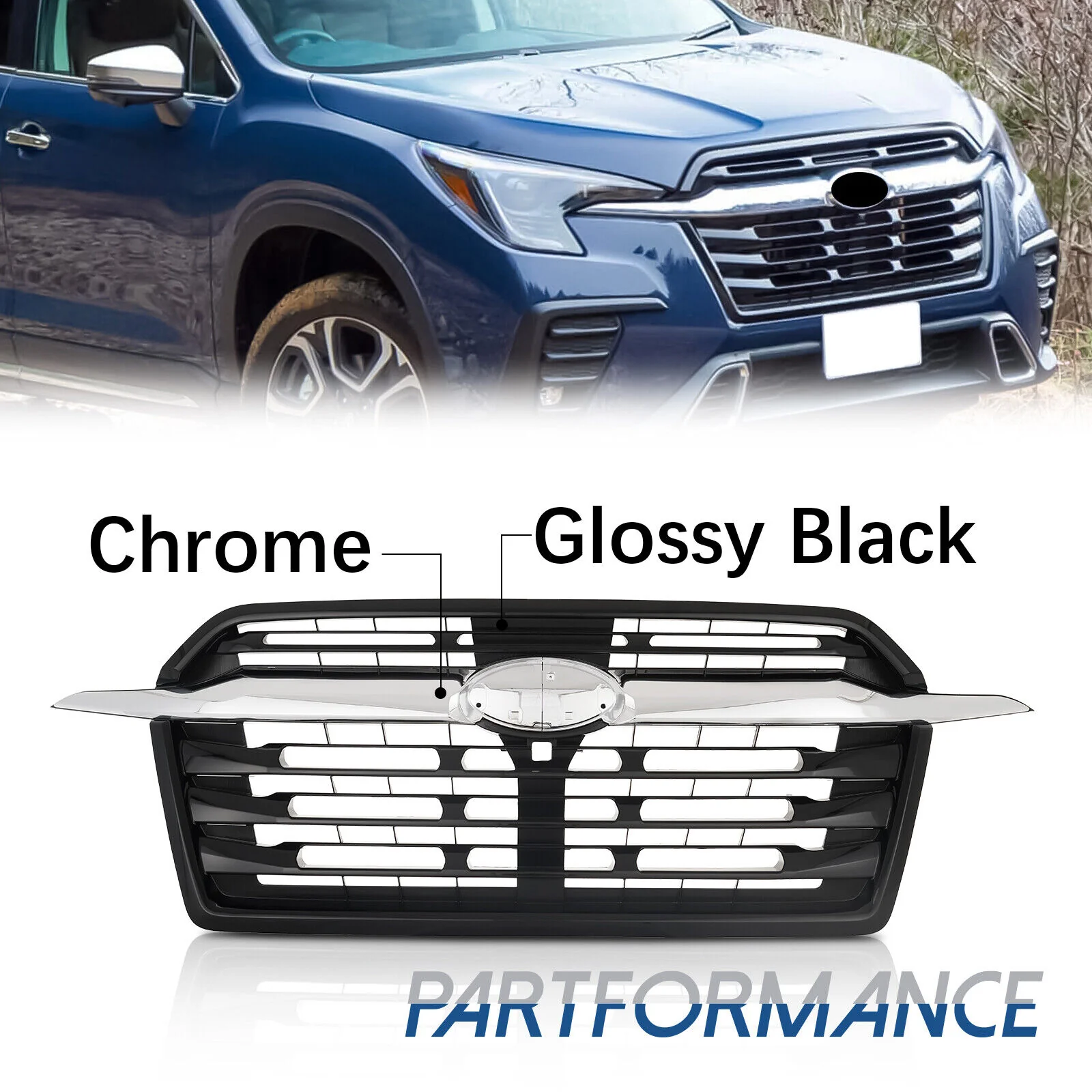 Black With Chrome Trim Front Upper Grille For 2023 2024 Subaru Ascent - Image 2