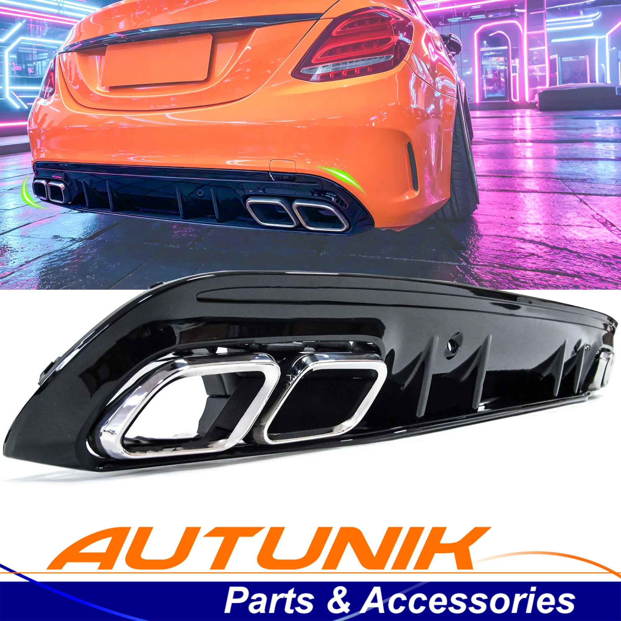 Gloss Black Diffuser w/ Chrome Exhaust Tips For Mercedes W205 Sedan C250 C300 C43 Sedan AMG Line 2015-2021