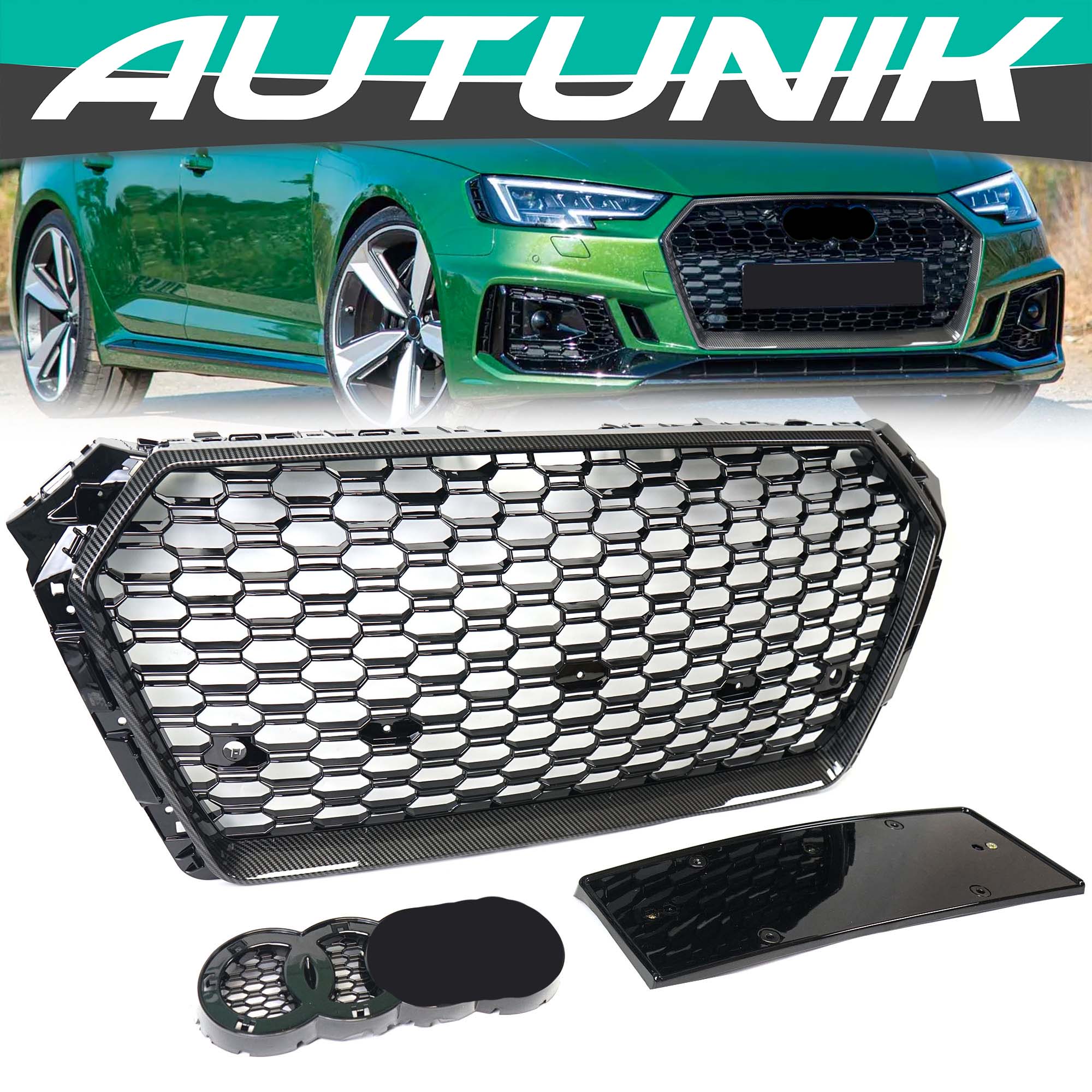 Carbon Fiber Look Honeycomb Front Bumper Grille for Audi A4 S4 B9 2017-2019 RS4 Style