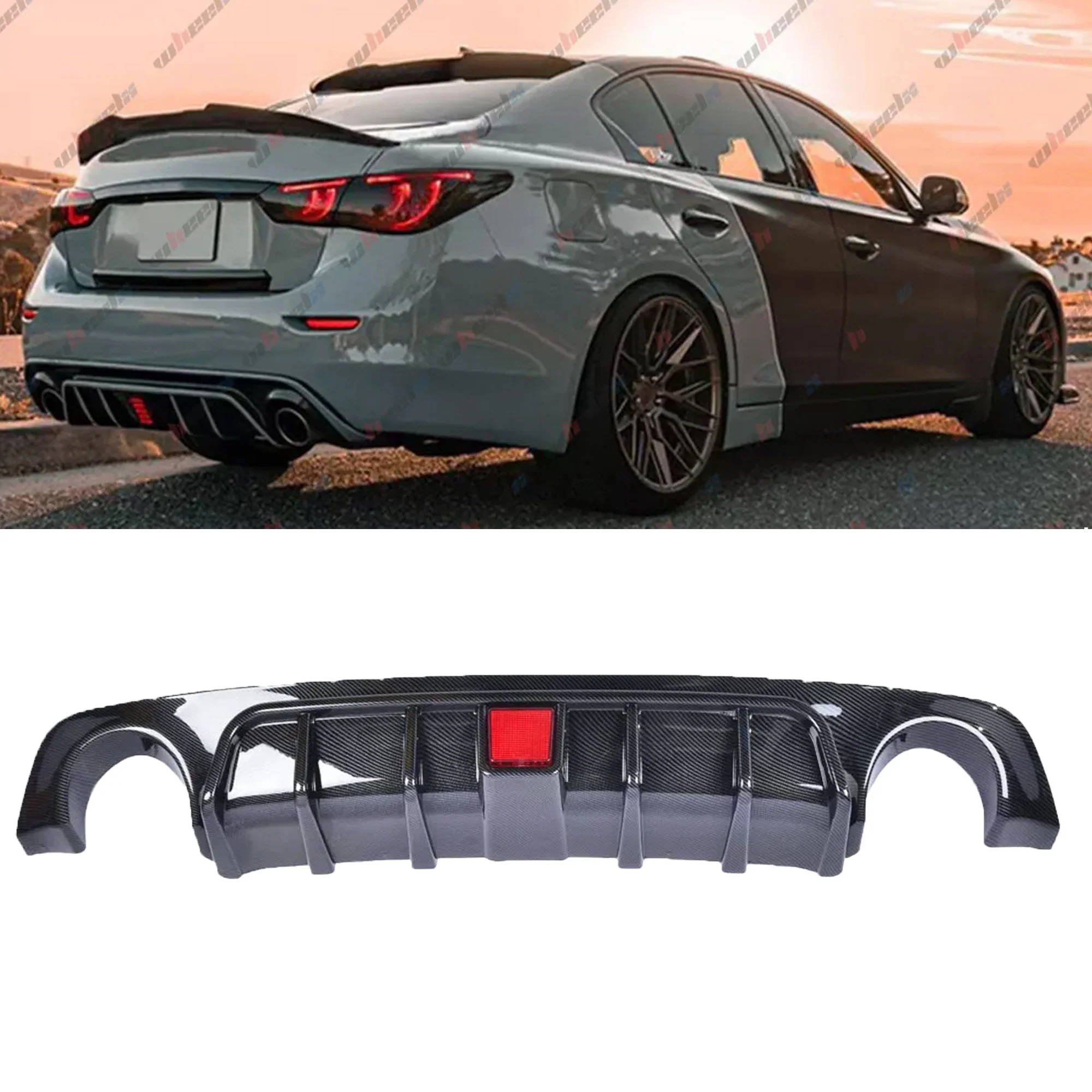 Carbon Fiber Style Rear Diffuser w/ LED Brake Light for Infiniti Q50 2018 2019 2020 2021 2022 2023 2024