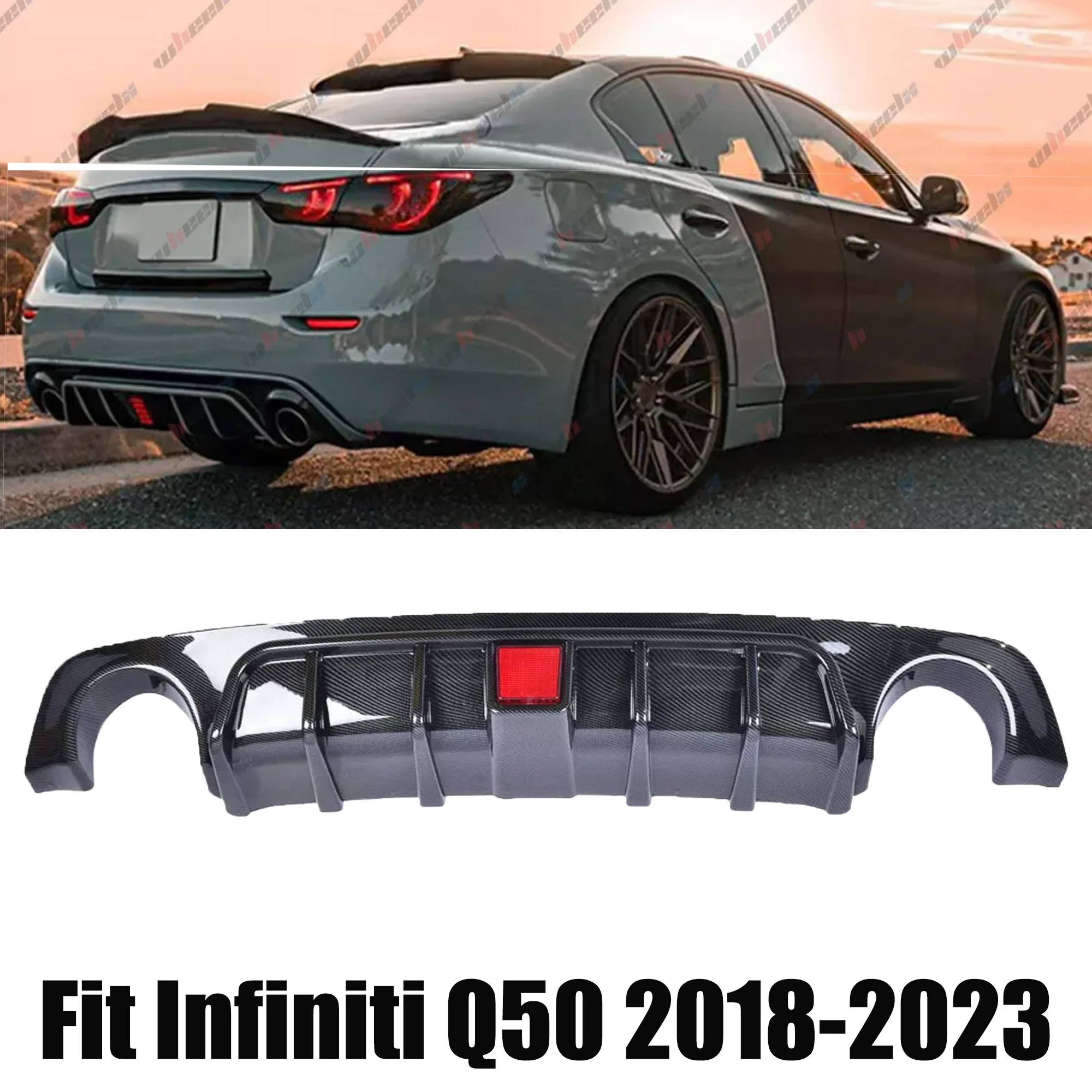 Carbon Fiber Style Rear Diffuser w/ LED Brake Light for Infiniti Q50 2018 2019 2020 2021 2022 2023 2024 - Image 2