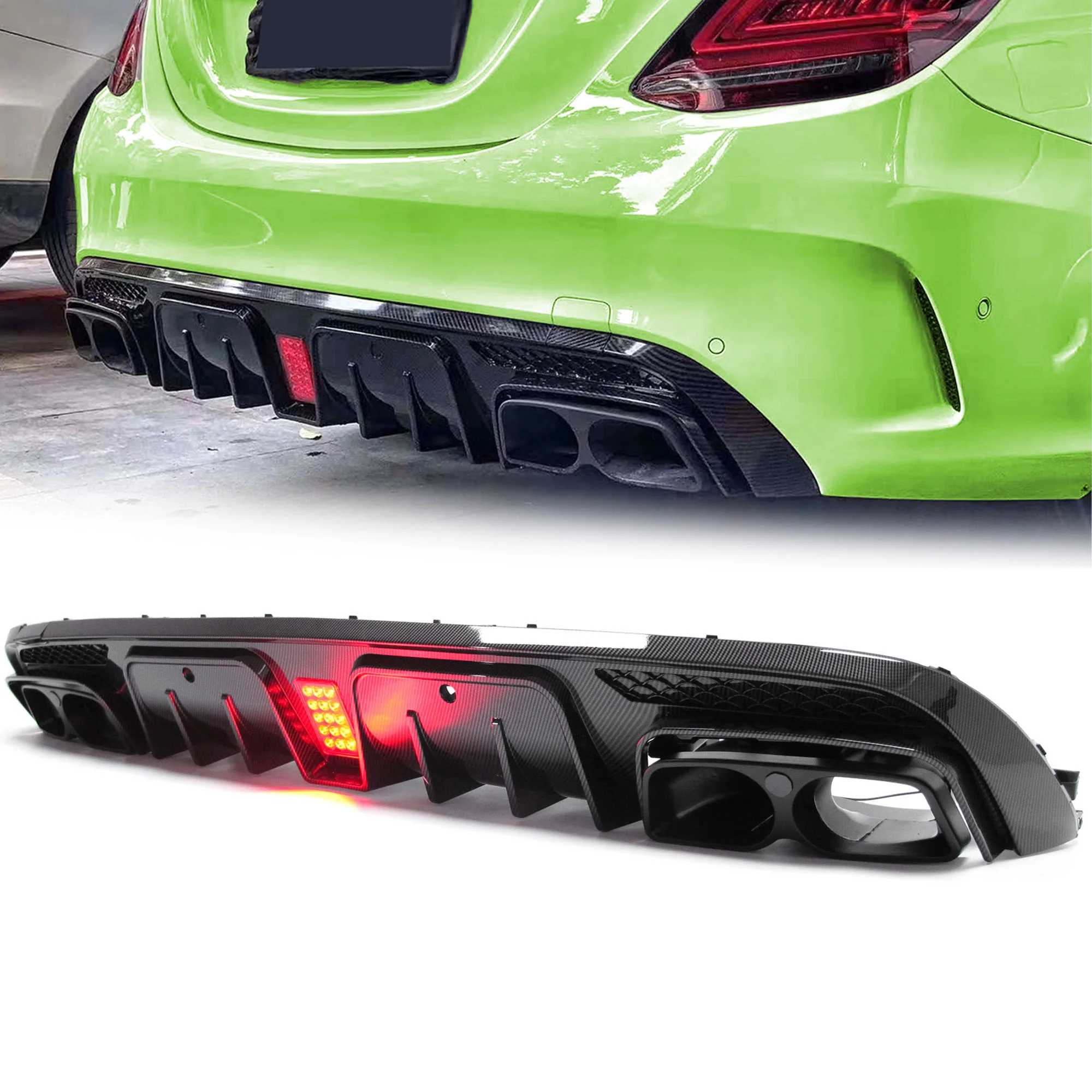 Carbon Fiber Style Rear Diffuser+ Black Exhaust Tips for 2015-2021 Mercedes W205 C300 C450 C43 C300 Sedan AMG Bumper - Image 14