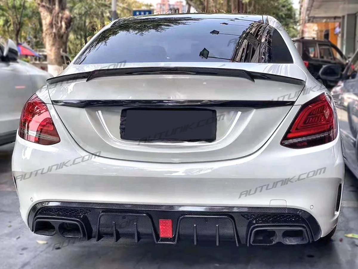 Carbon Fiber Style Rear Diffuser+ Black Exhaust Tips for 2015-2021 Mercedes W205 C300 C450 C43 C300 Sedan AMG Bumper - Image 4