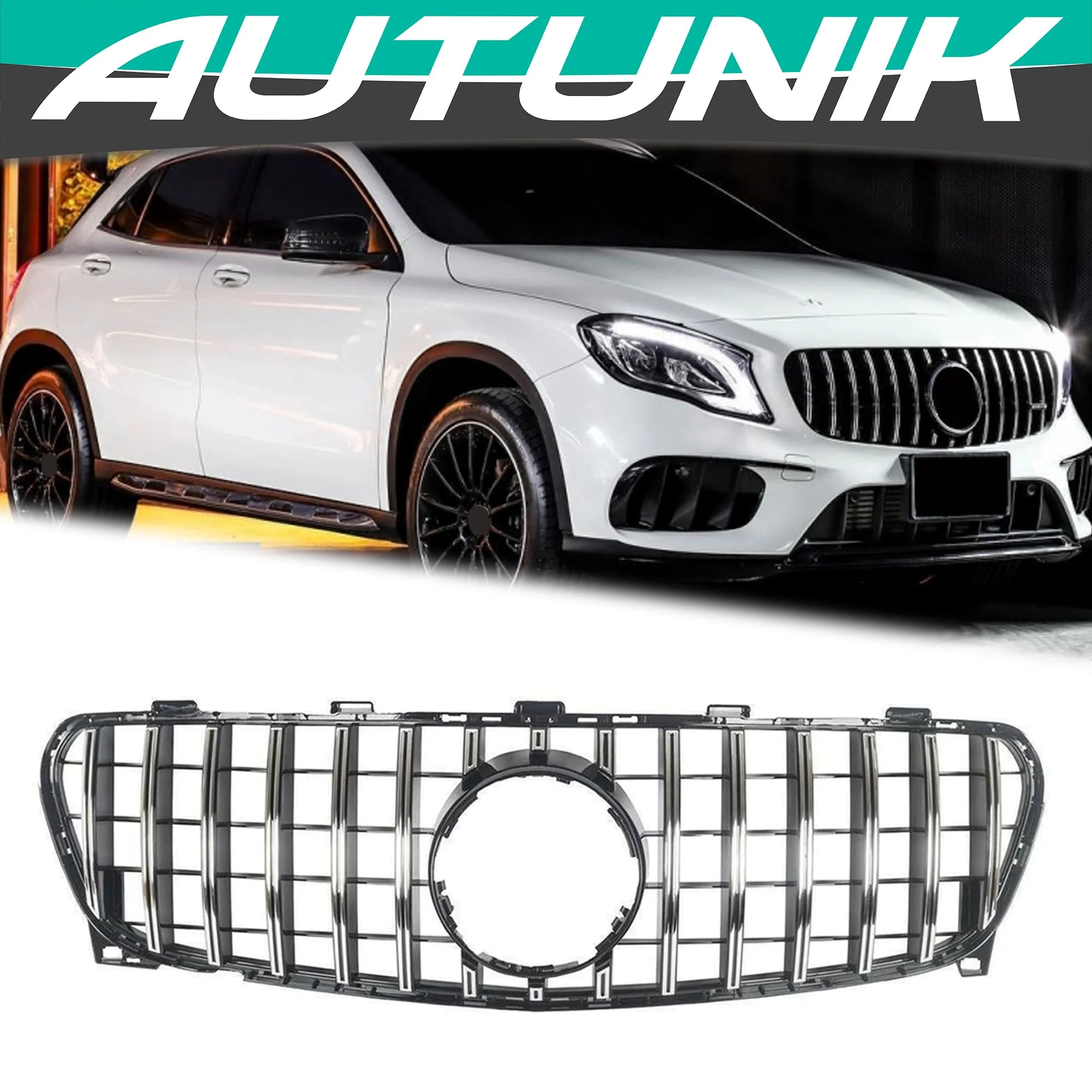 Chrome Front Grill For Mercedes GLA X156 GLA180 GLA200 GLA250 2018-2020 w/o Camera