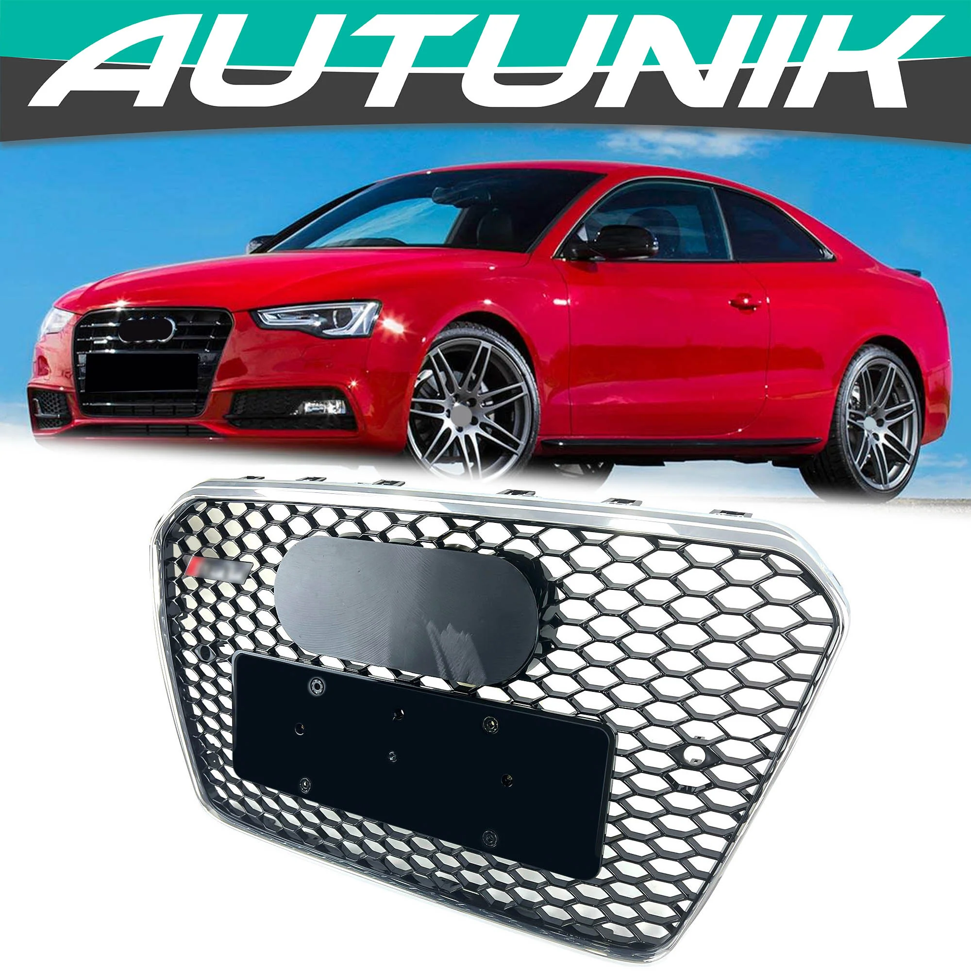 Honeycomb Front Bumper Grille for Audi A5 B8.5 S5 2013-2016 ( Chrome Frame + Black Honeycomb)