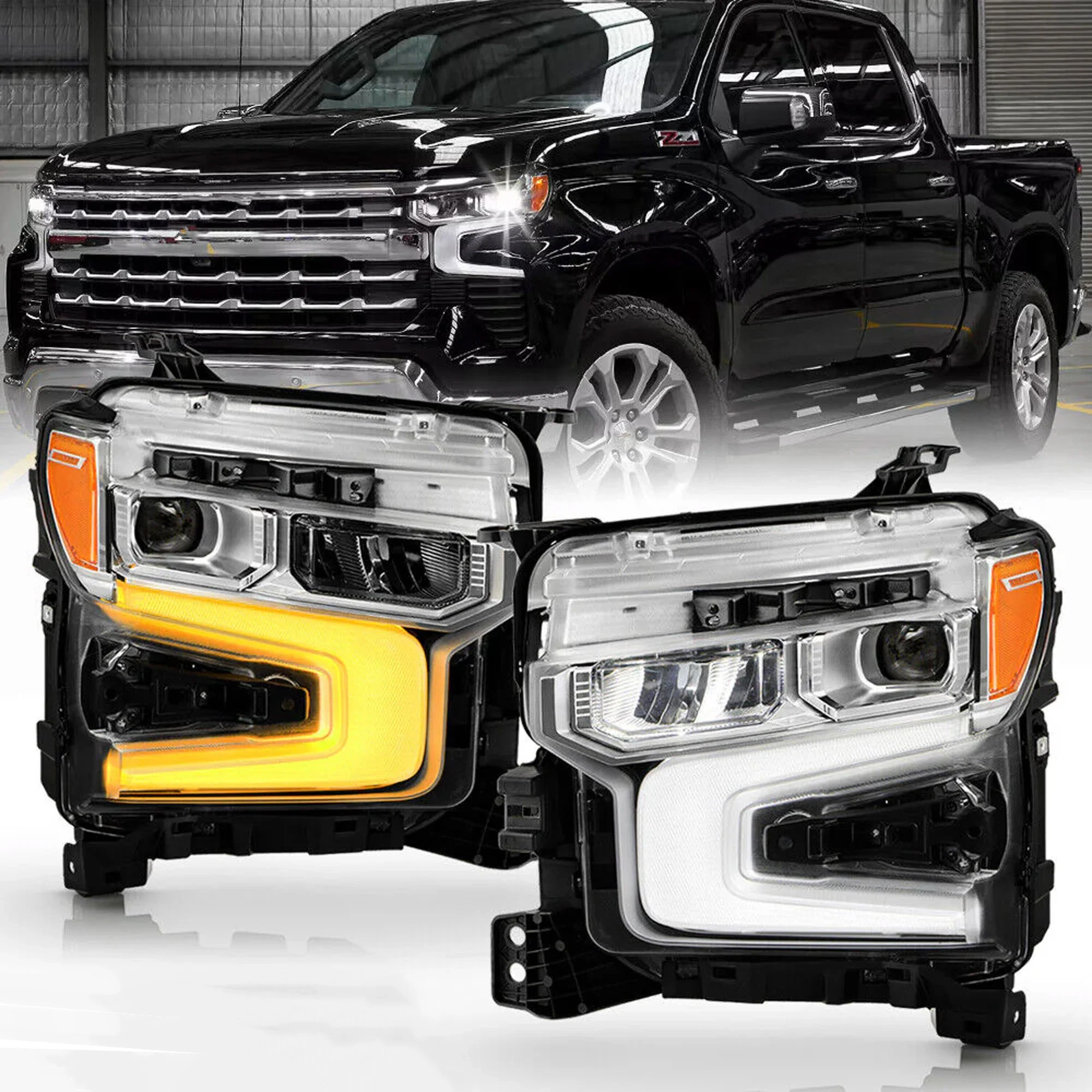 For 2022-2024 Chevy Silverado 1500 Chrome LED DRL w/ White Animation Headlights