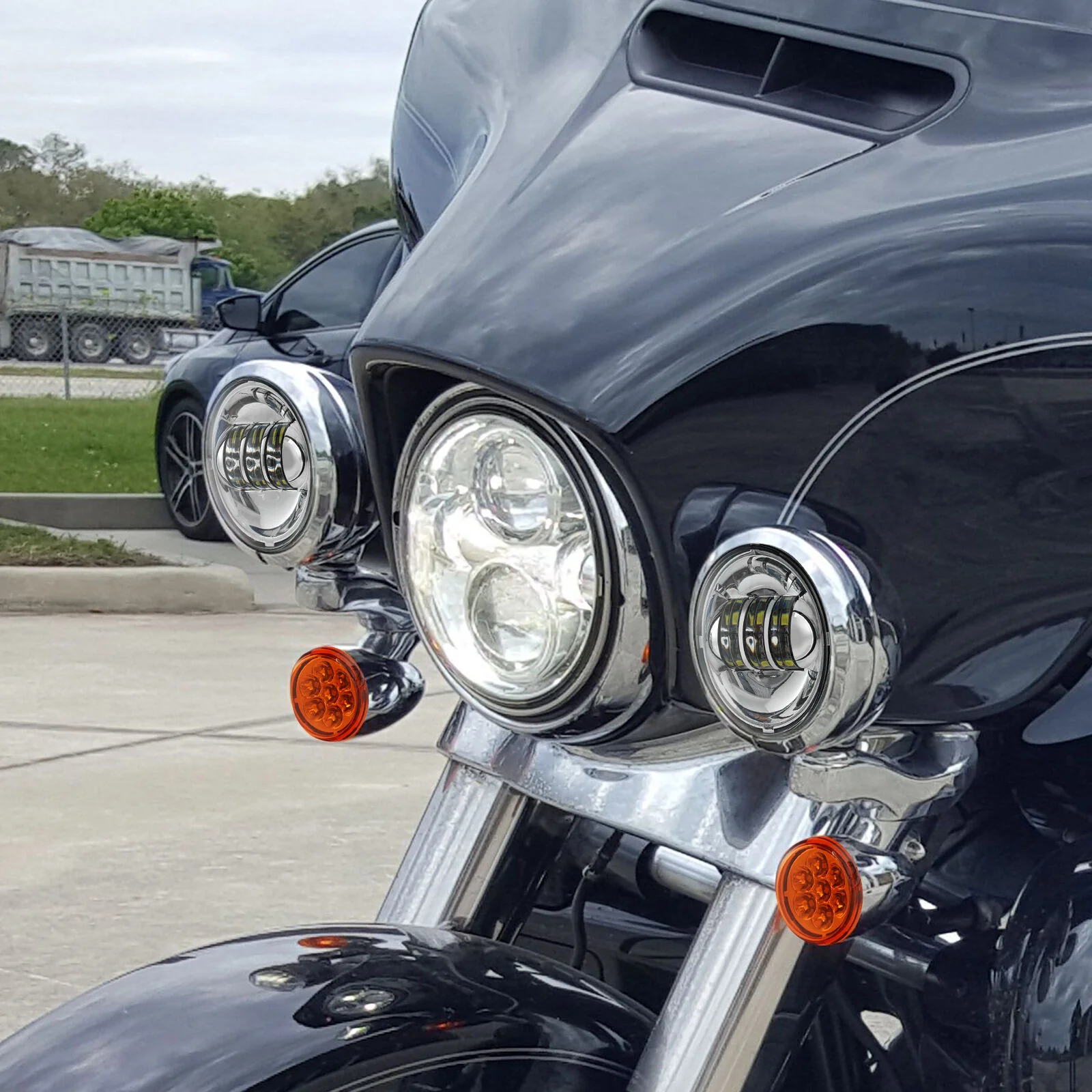 Chrome LED Spot Fog Passing Lights Lamp Turn Signals Bar Kit Fit for Harley Road King - Image 2