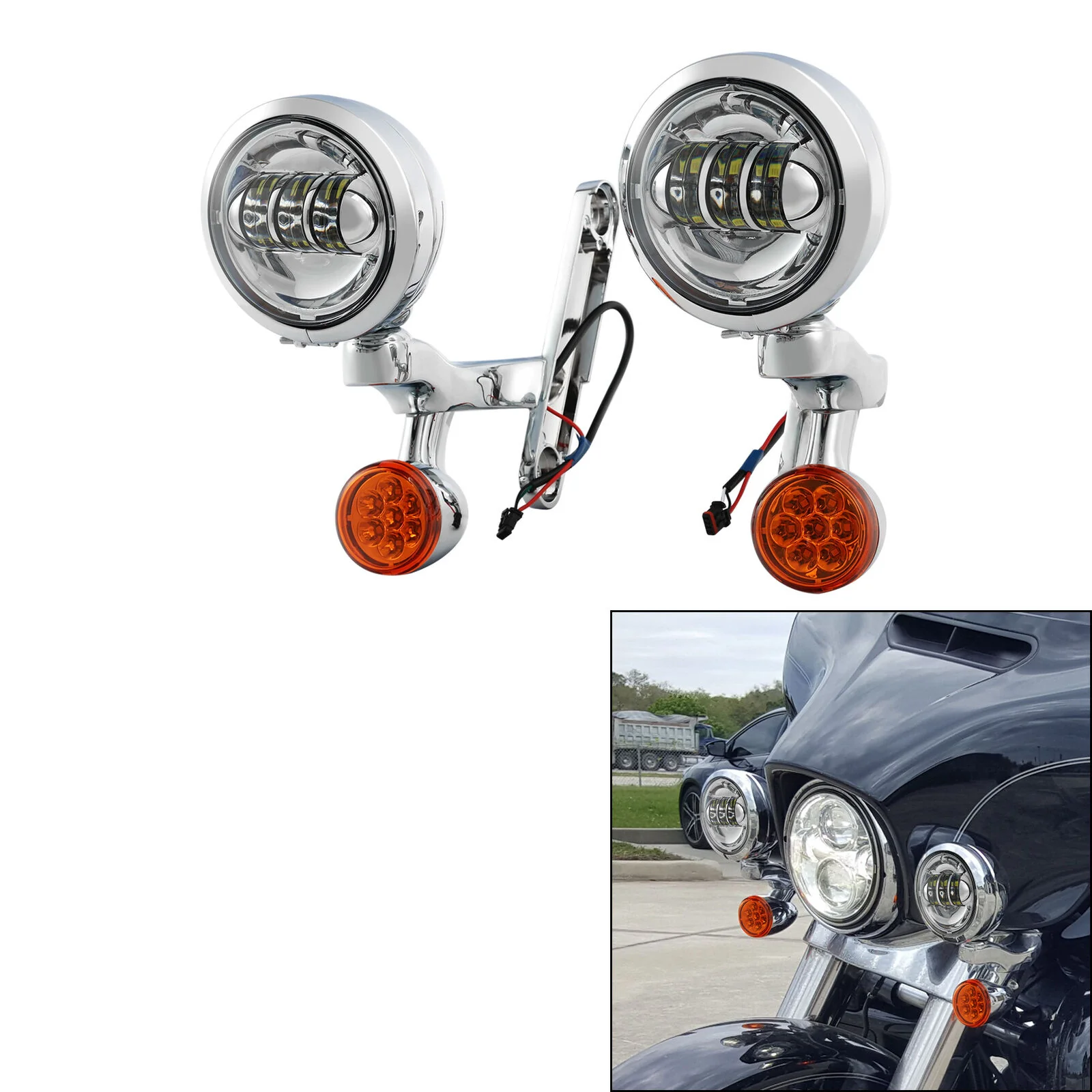 Chrome LED Spot Fog Passing Lights Lamp Turn Signals Bar Kit Fit for Harley Road King - Image 5