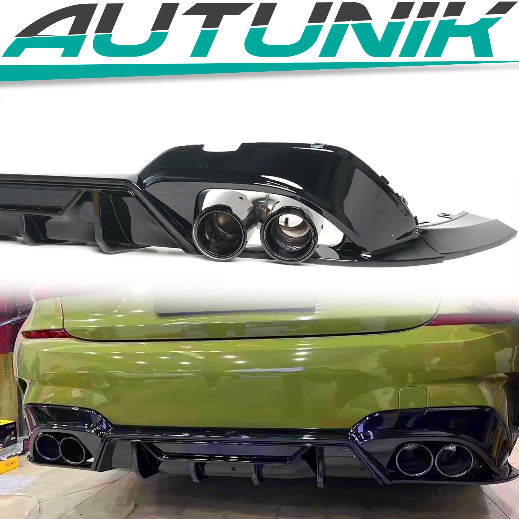 For 2019-2022 BMW G20 M340i Gloss Black Rear Diffuser w/ Carbon Fiber Quad Exhaust Tips