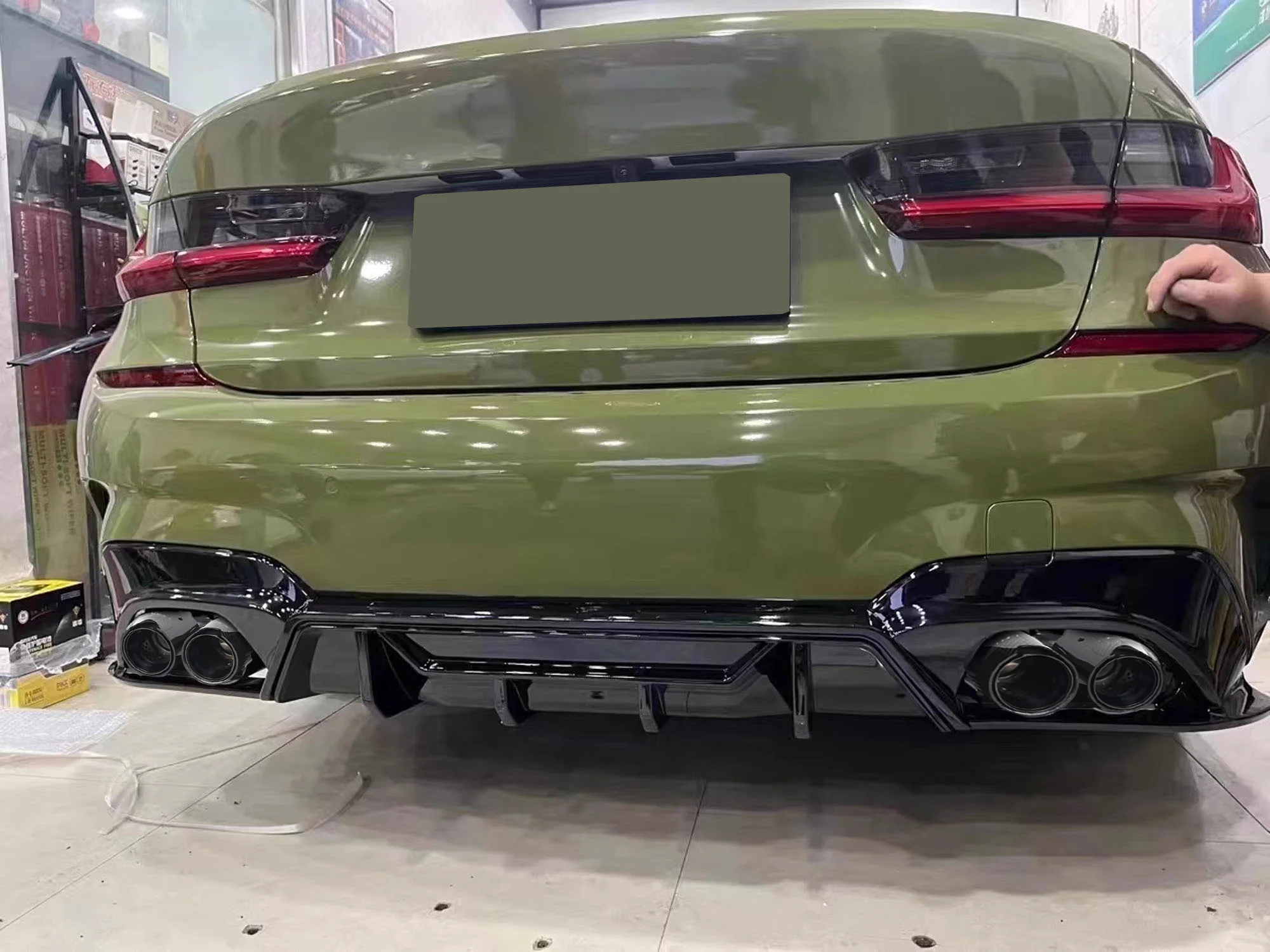 For 2019-2022 BMW G20 M340i Gloss Black Rear Diffuser w/ Carbon Fiber Quad Exhaust Tips - Image 2