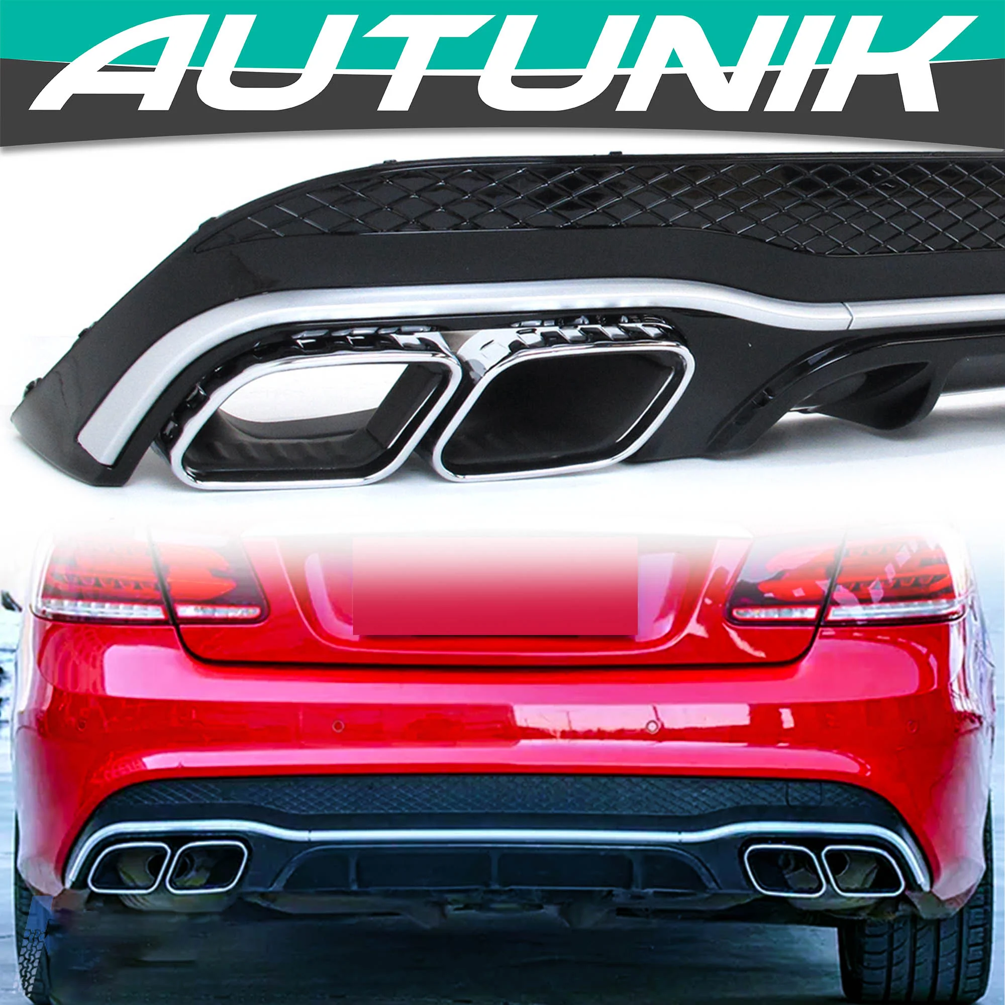 Gloss Black Rear Diffuser w/ Silver Exhaust Tips for Mercedes C207 E250 E400 E500 E550 Coupe AMG 2014-2017
