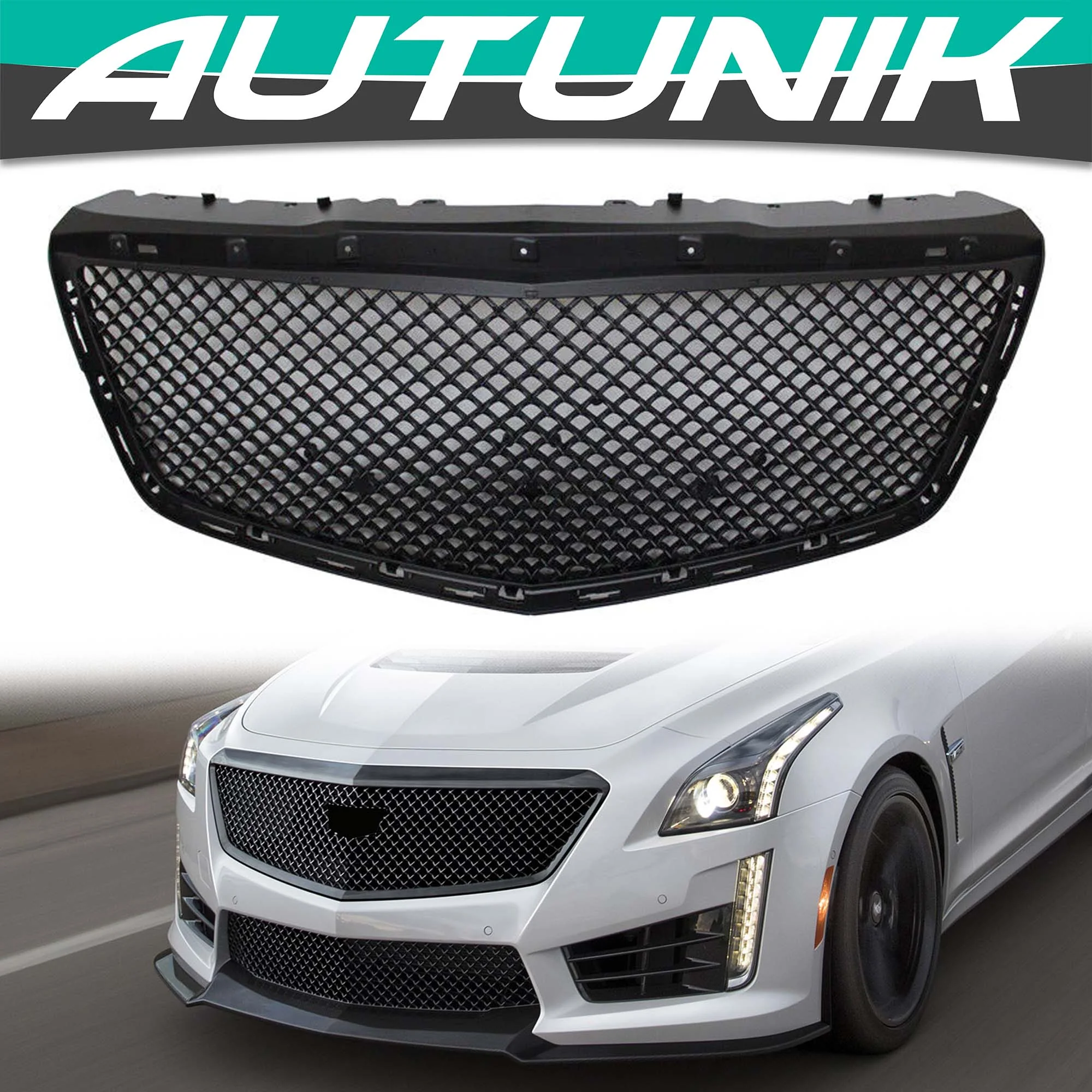 Gloss Black Honeycomb Front Upper Grille for Cadillac CTS Sedan 2014-2019 - Image 2