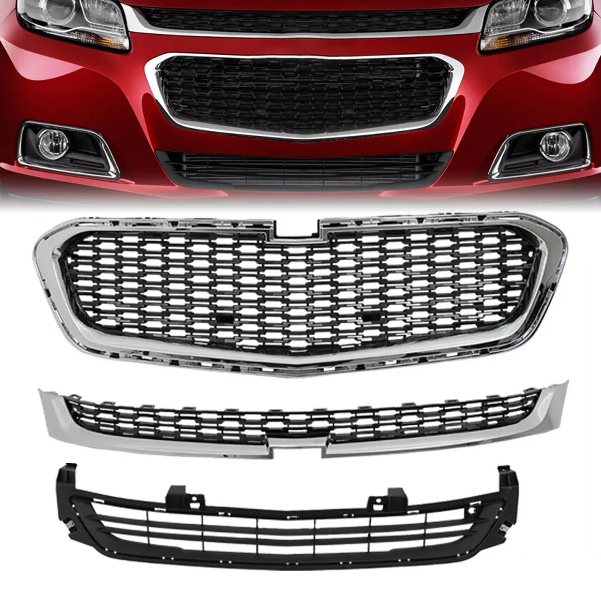 3PCS Front Upper Grille Center Lower Grill for Chevrolet Malibu 2014-2016
