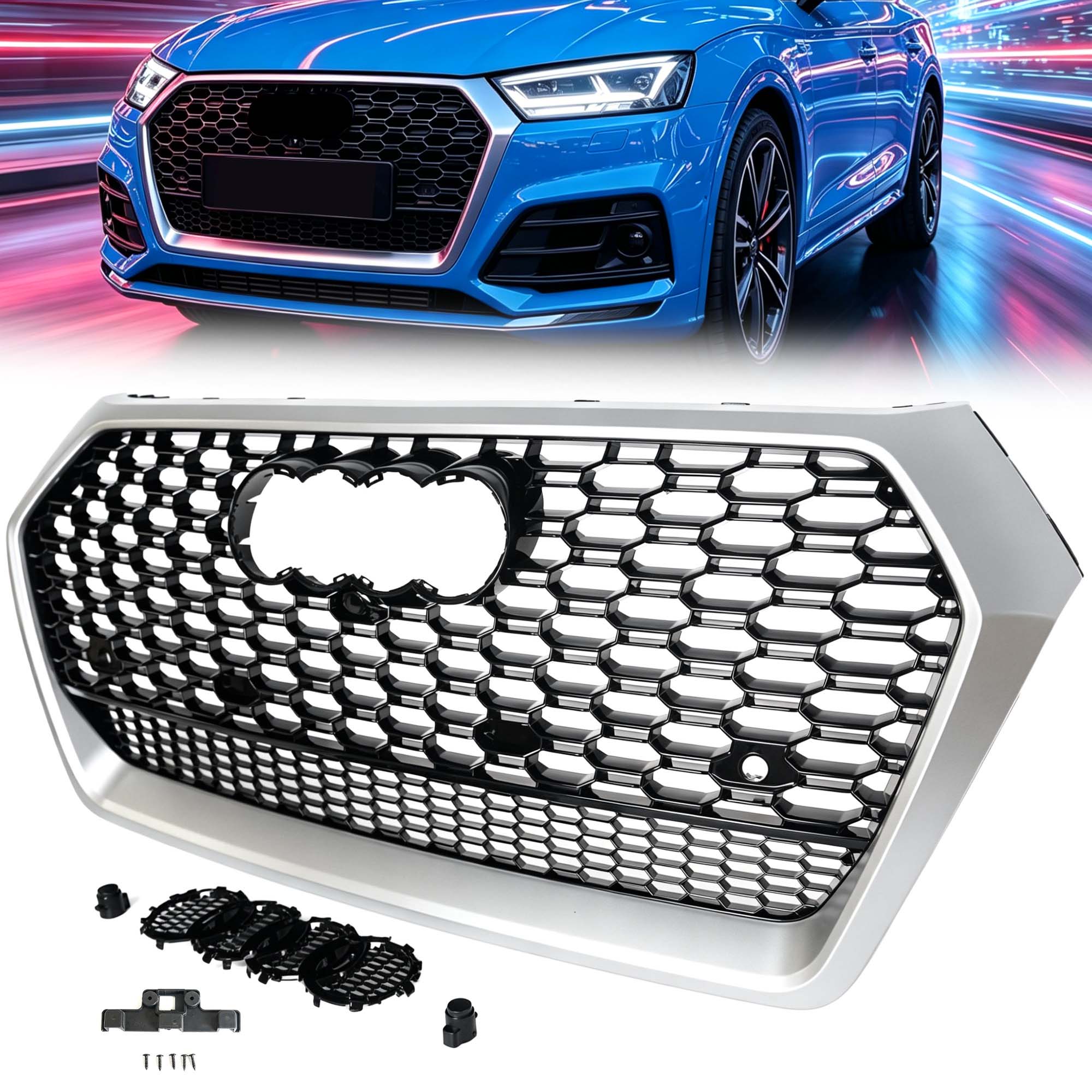 Fits 2018-2020 Audi Q5 SQ5 Front Bumper Grille Mesh Grille ( Black Honeycomb + Chrome Frame)