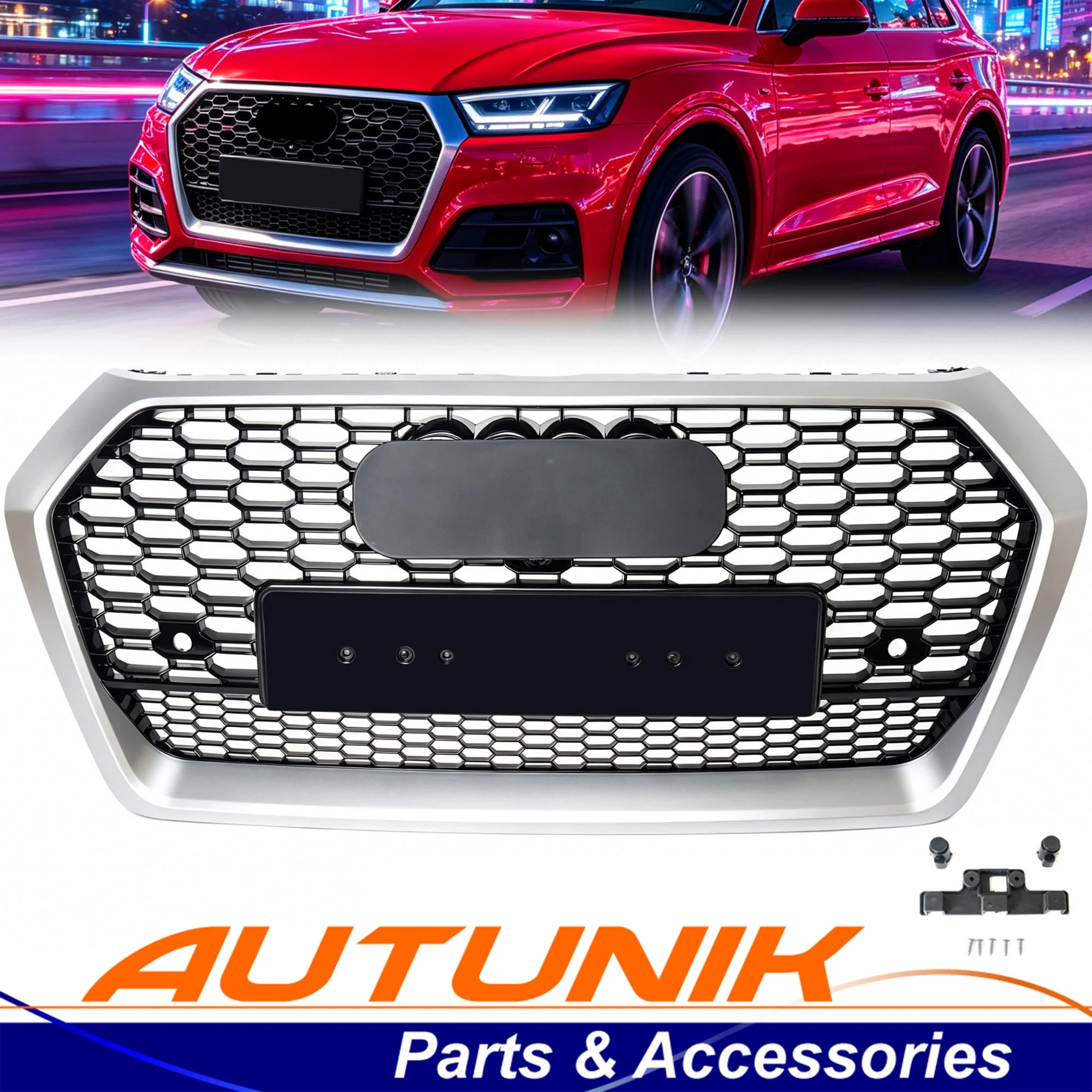 Fits 2018-2020 Audi Q5 SQ5 Front Bumper Grille Mesh Grille ( Black Honeycomb + Chrome Frame) - Image 2