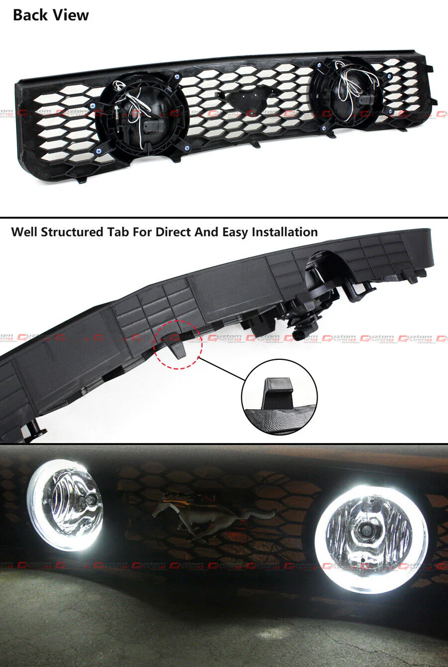 For 2005-2009 Ford Mustang 4.0L V6 Front Mesh Grill Dual Clear Lens Halo Fog Lights - Image 2
