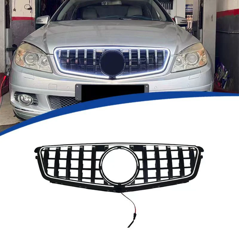 For 2009-2014 Mercedes Benz W204 C250 C300 C350 Front Bumper Grille W/LED Light Luminous GT Grill Gloss Black
