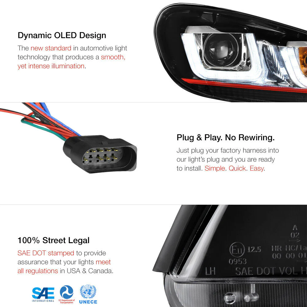 For 2010-2014 Volkswagen MK6 GTI GOLF Sportwagon OLED Neon Tube Red Headlights Pair - Image 2