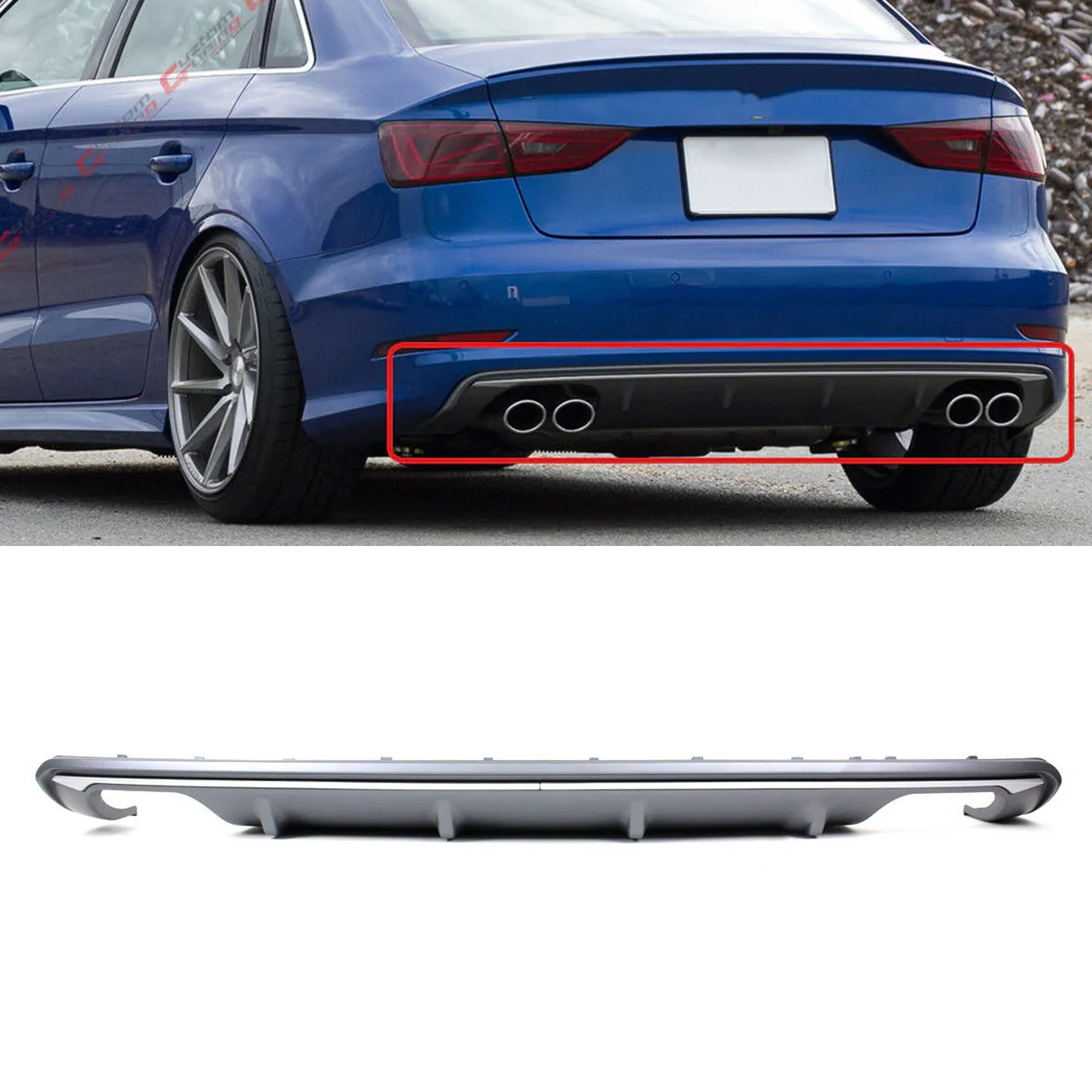 For 2013-2016 Audi A3 Non-Sline 8V Sedan S3 Style Quad Exhaust Shark Fin Rear Bumper Diffuser Valance