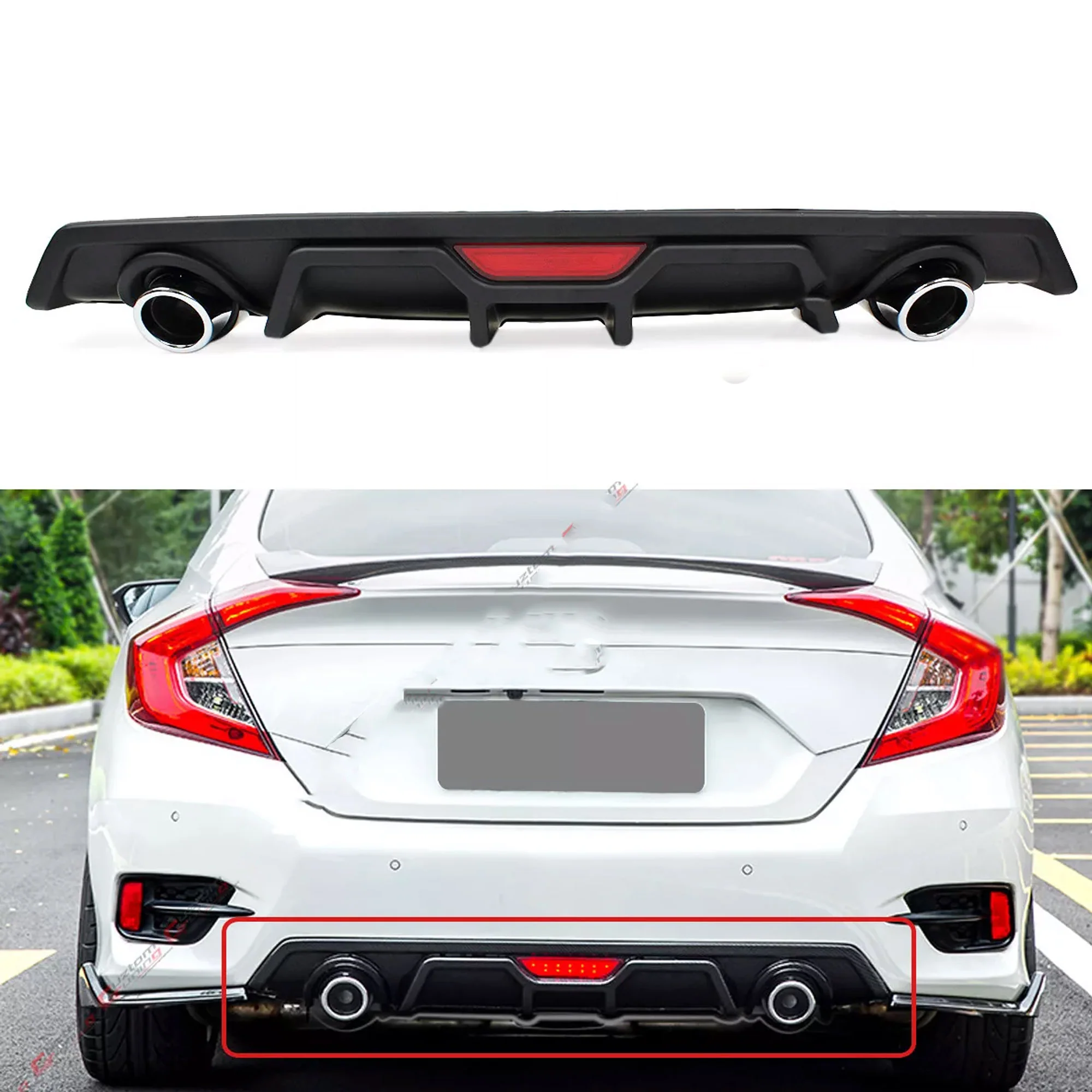 For 2016-2021 Honda Civic 4dr Sedan Led Brake Light Bumper Diffuser W/ Fake Exhaust Tips