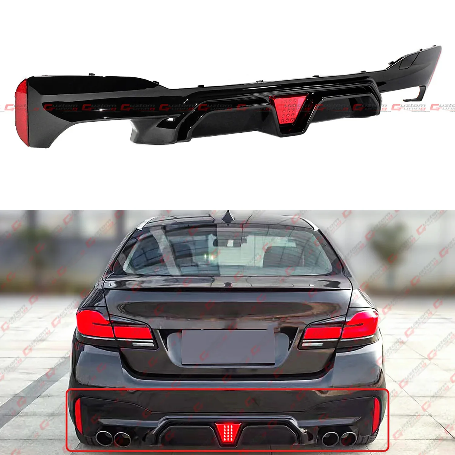 For 2017-2023 BMW G30 5 Series M5 CS Style Gloss Blk Rear Bumper Diffuser W/ Red LED