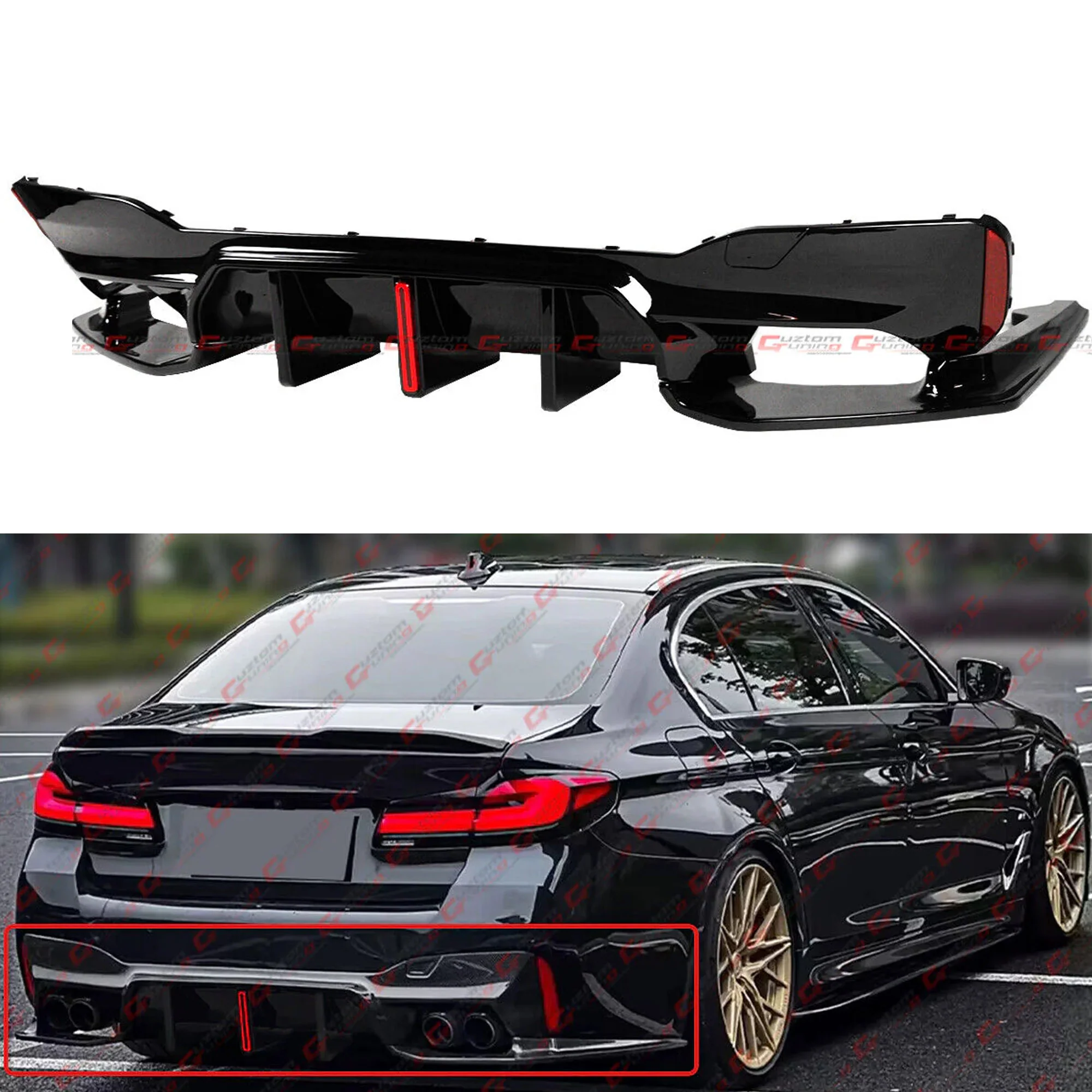 For 2017-2023 BMW G30 530i 540i Big Fin M5 Style Gloss Black LED Rear Bumper Diffuser Kit