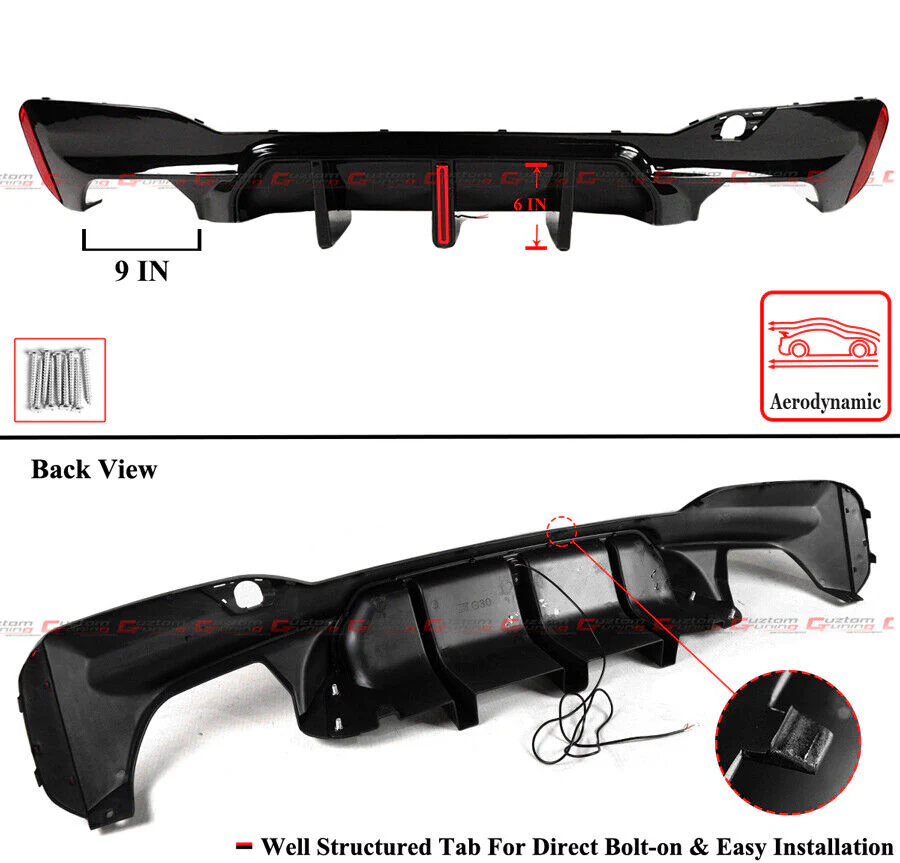 For 2017-2023 BMW G30 530i 540i Big Fin M5 Style Gloss Black LED Rear Bumper Diffuser Kit - Image 3