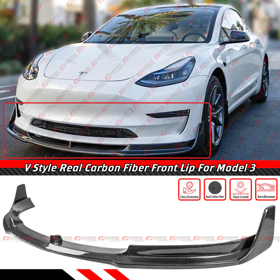 For 2017-2023 Tesla Model 3 V Style 3pc Real Carbon Fiber Front Bumper Lip Splitter - Image 2