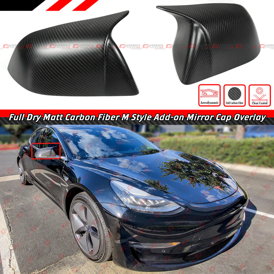 For 2017-2025 Tesla Model 3 Direct Add-On Dry Matt Carbon Fiber M Style Side Mirror Covers Caps - Image 2
