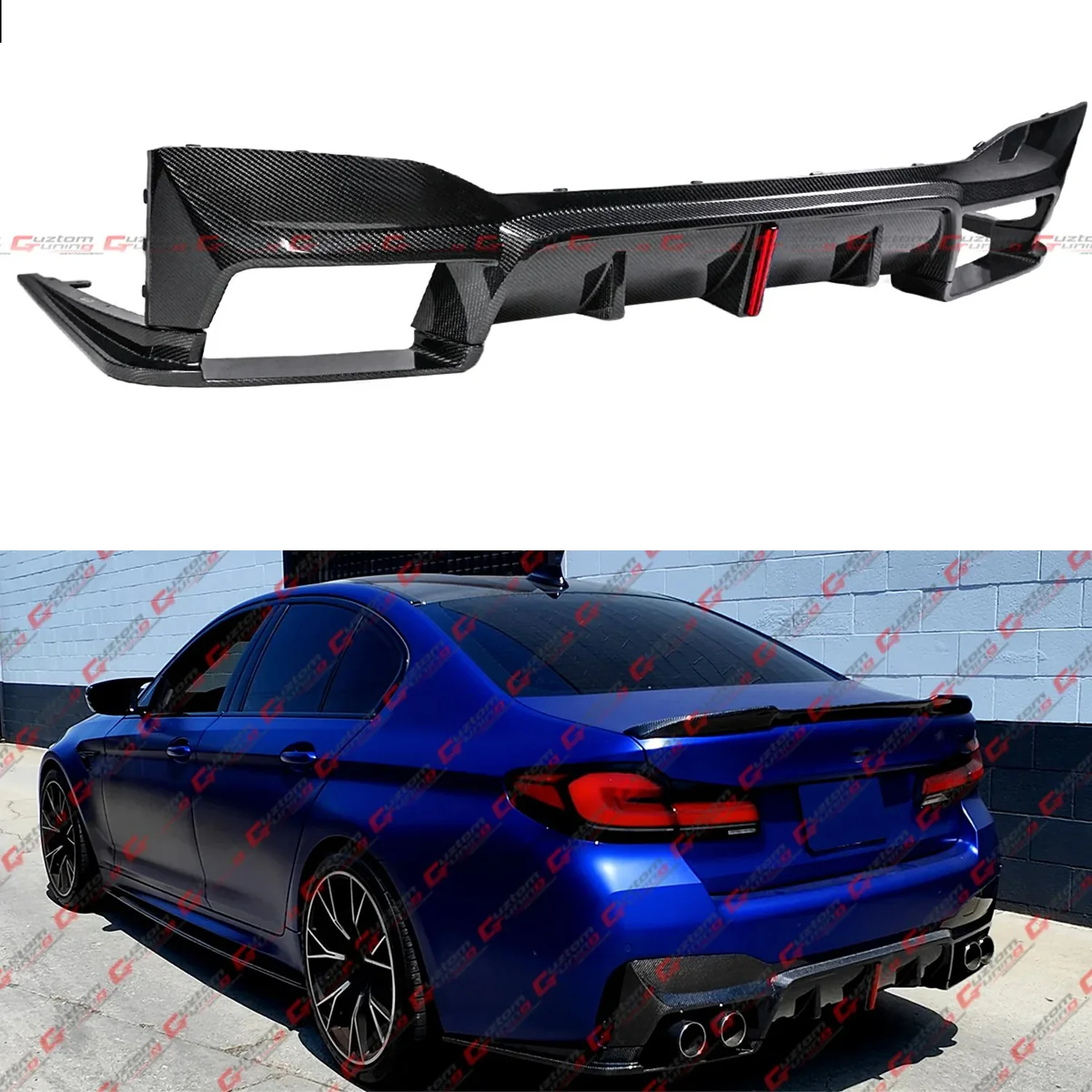 For 2018-2023 BMW F90 M5 CTM LED Real Carbon Fiber Rear Bumper Diffuser + Extension