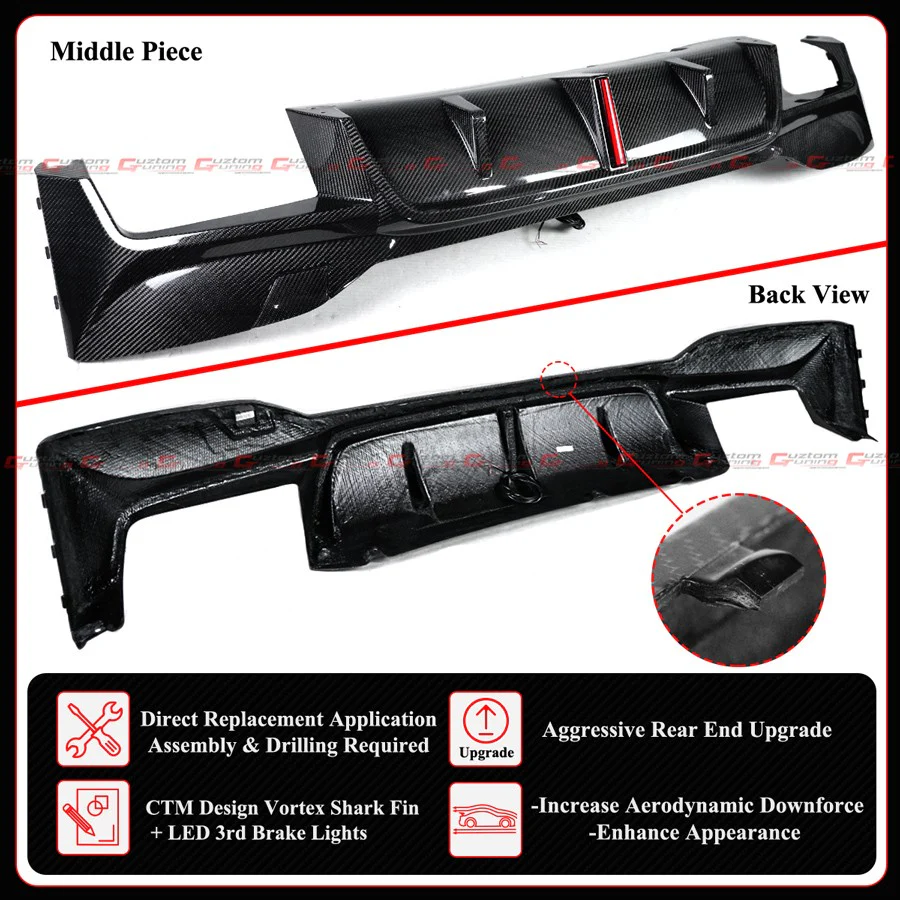 For 2018-2023 BMW F90 M5 CTM LED Real Carbon Fiber Rear Bumper Diffuser + Extension - Image 3