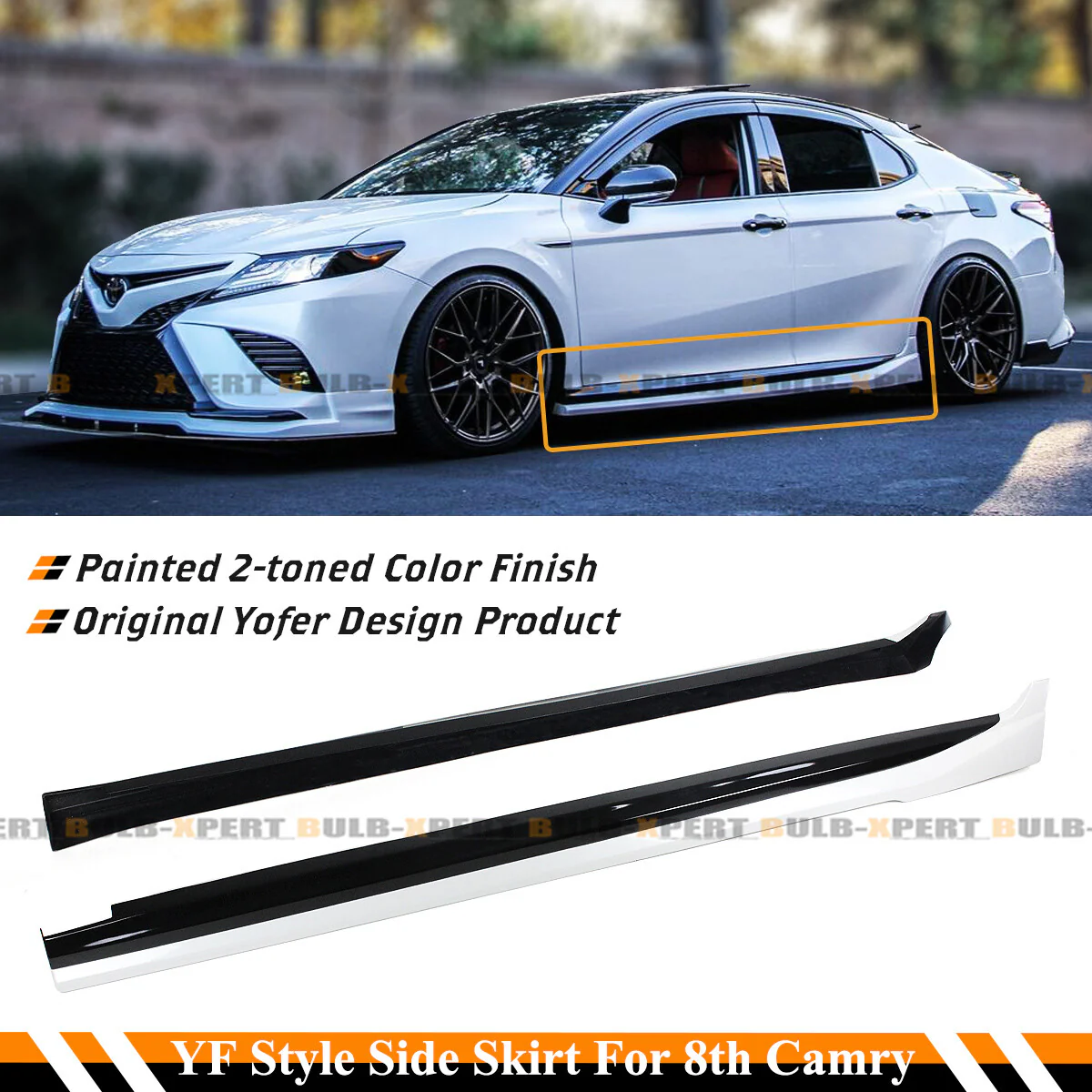 For 2018-2024 Toyota 8th Gen Camry Yofer Pearl White Black 2 Tone Side Skirt Extension