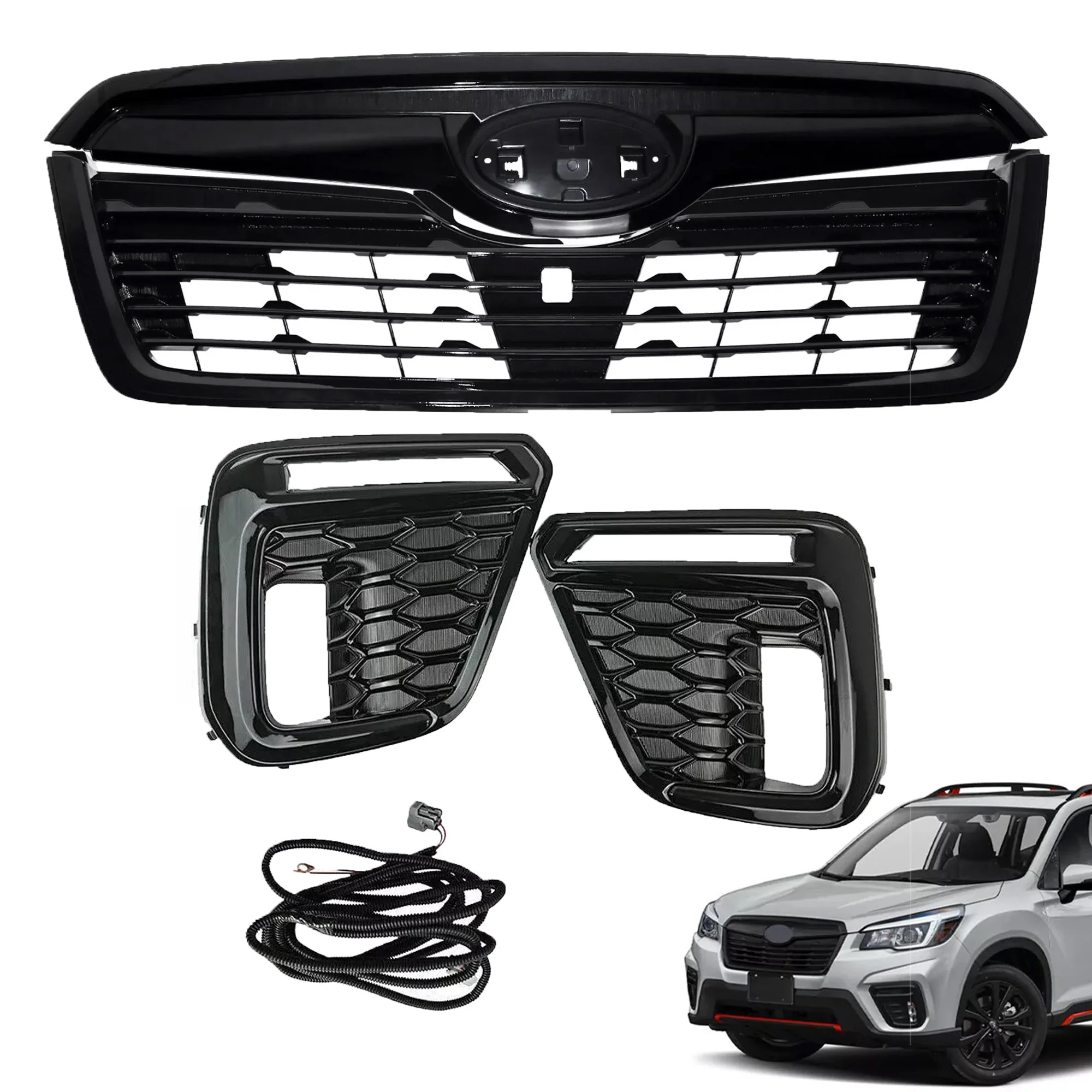Glossy Black Front Upper Grille Grille & DRL Turn Signal Fog Lights for Subaru Forester 2019-2021