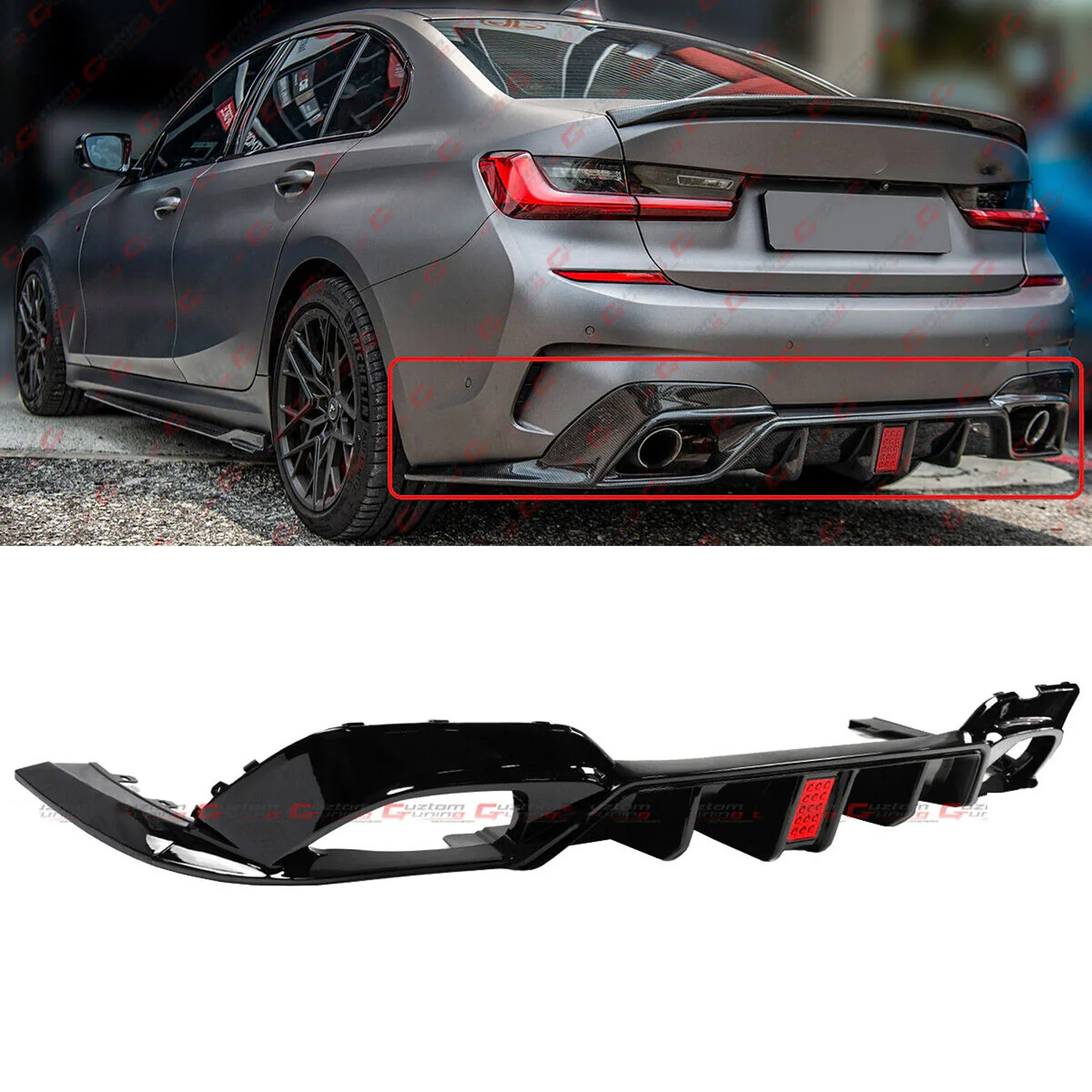 For 2019-2022 BMW G20 3-Series 3330i M-Sport CMS Style Gloss Black Rear Diffuser w/ LED Light