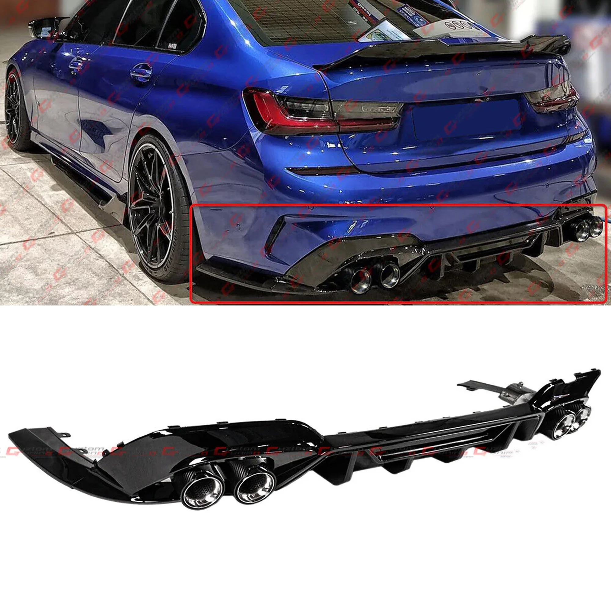 For 2019-2022 BMW G20 330i M340i M Sport CTM Rear Diffuser Black + Carbon Fiber Quad Exhaust Tips