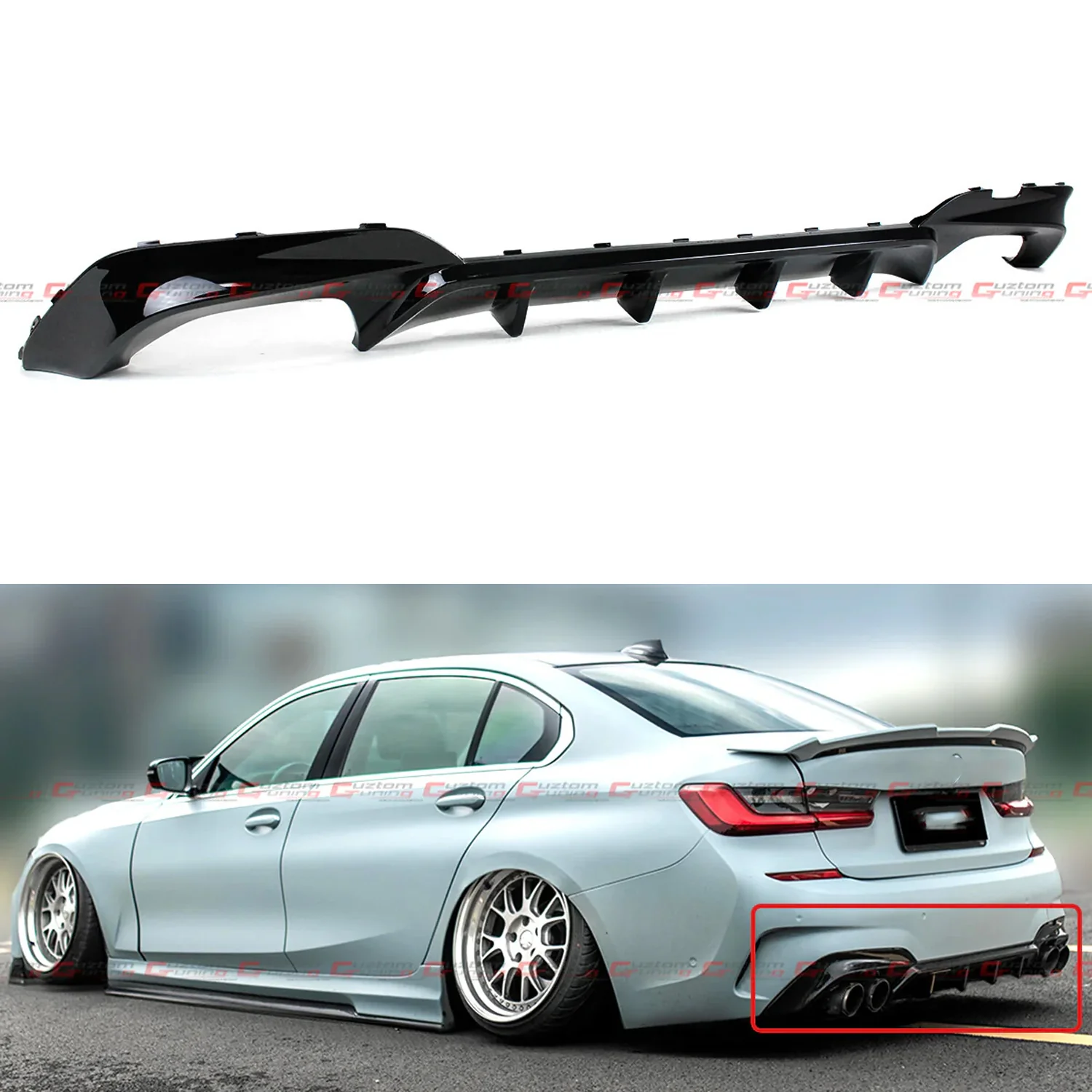 For 2019-2022 BMW G20 330i M340i M Sport Yofer Gloss Black Quad Exhaust Rear Diffuser