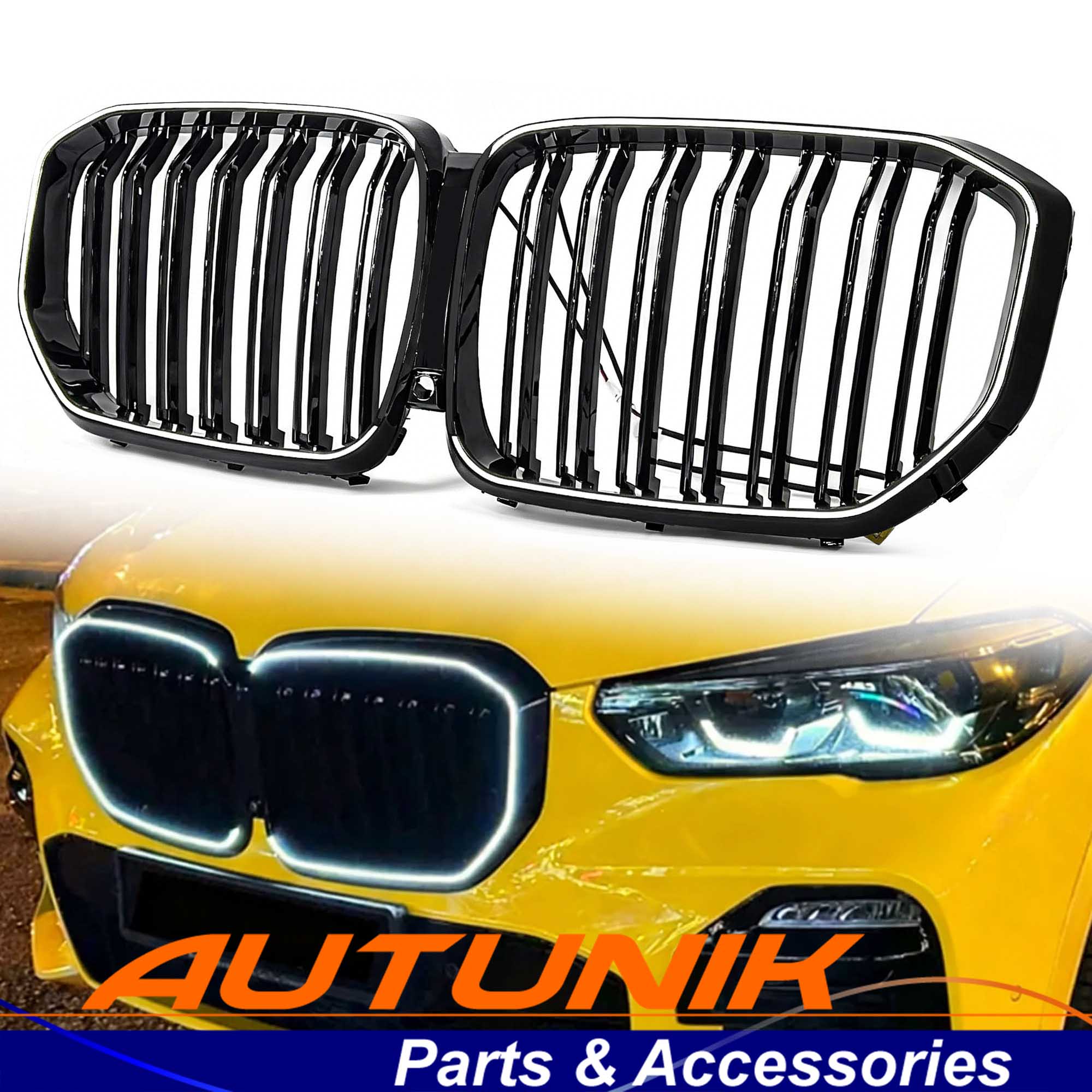 For 2019-2023 BMW X5 G05 Gloss Black Front Grille w/ LED Lights Dual Slat Kidney Grille