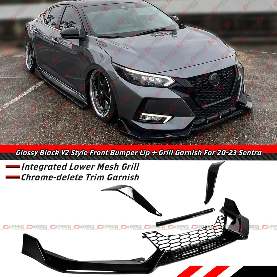 For 2020-2023 Nissan Sentra V2 Gloss Black Front Bumper Lip W/ Grill +Chrome Delete Garnish - Image 2